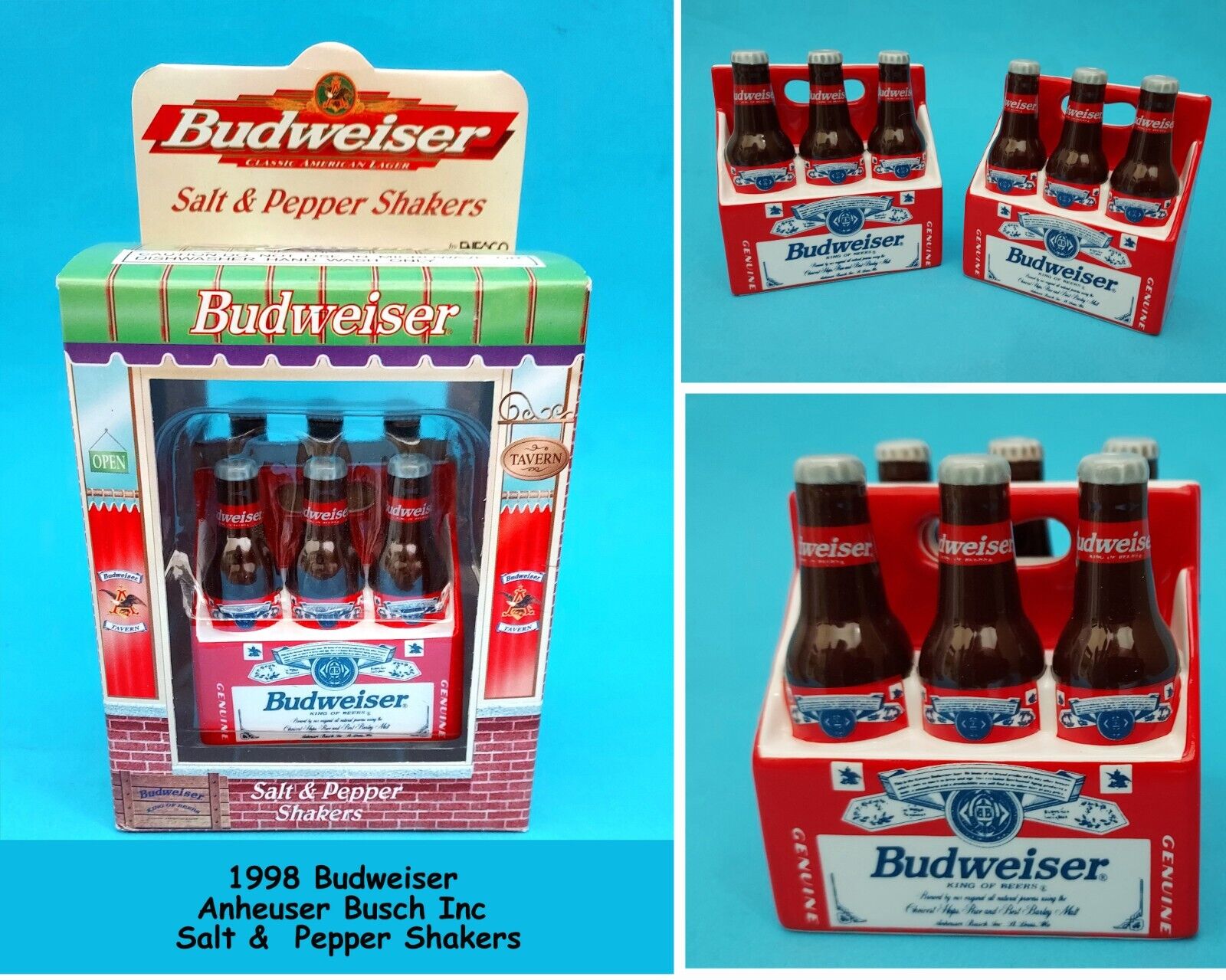 1998 Budweiser / Anheuser Busch, Inc Ceramic Salt & Pepper Shakers NIB
