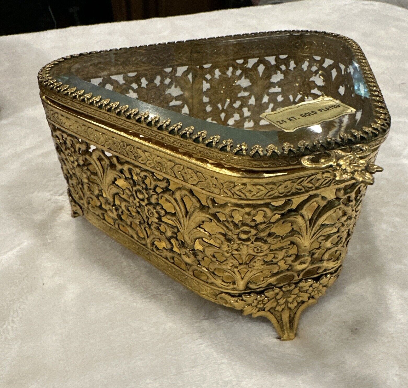 Vintage Regency 24kt Gold Plated Ormolu Beveled Glass Jewelry Casket Trinket Box