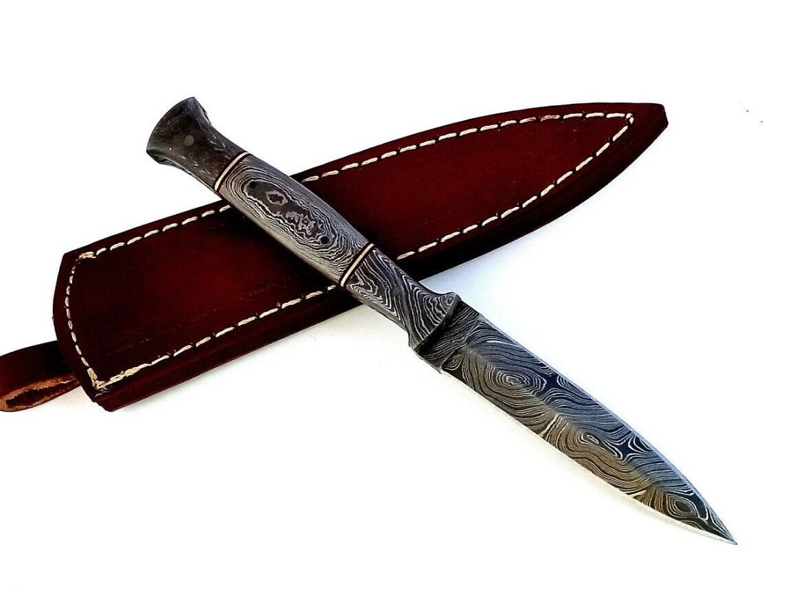 Hand Forged Double Edged Boot knife, Full Damascus,  With Leather Sheath,