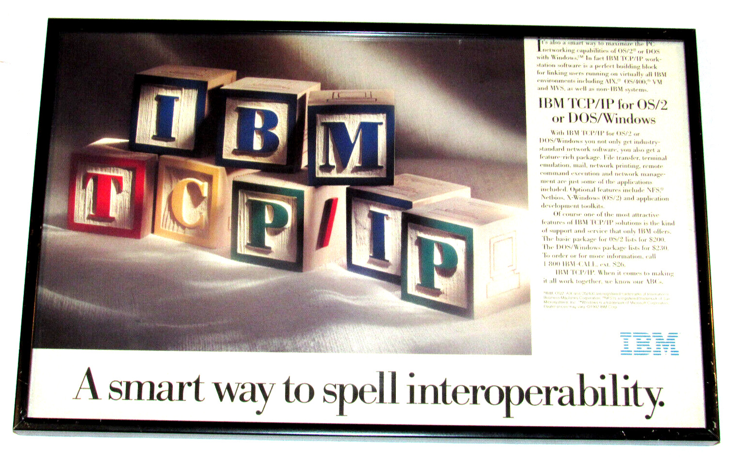 VINTAGE 1992 IBM TCP/IP ADVERTISING POSTER PROF FRAMED FOR OS2 OR DOS/WINDOWS