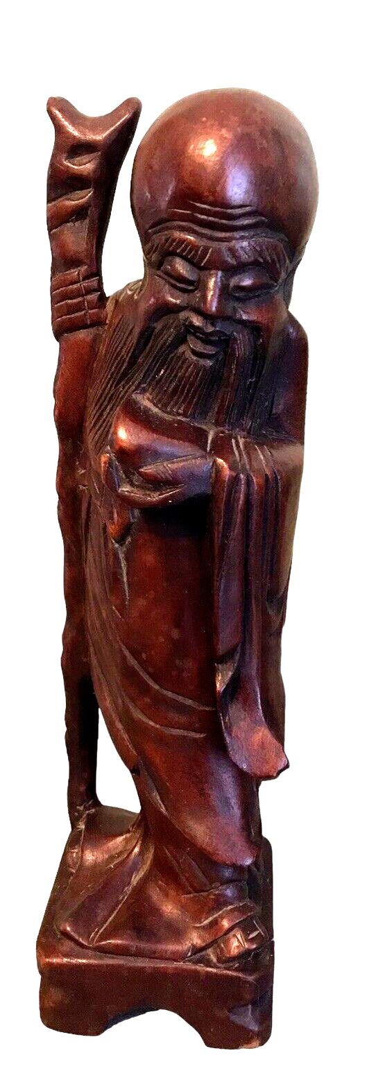 Carved Wooden Elderly Chinese Man Holding Staff Hand Carved Cedar Wood