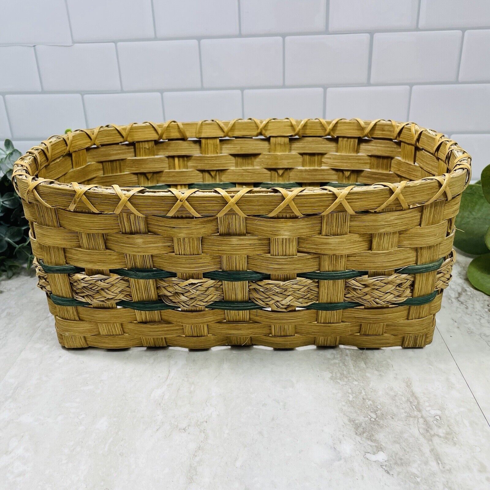 Amish Rectangular Wood Bread Basket Oak Green Stripe Signed K Weber 12x7”