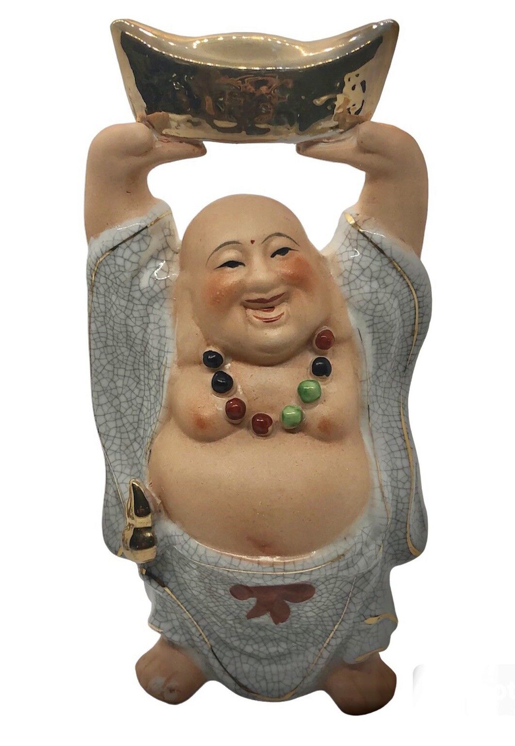 Chinese Laughing Buddha Holding Gold Color Ingot Over Head Figurine Vintage 8.5”
