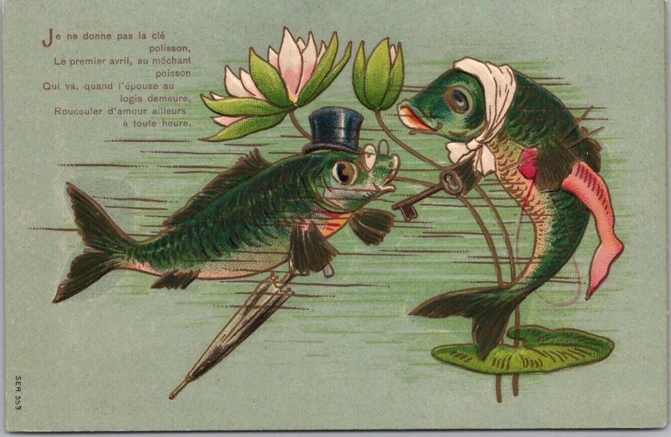Vintage 1910s French Animal Comic Embossed Postcard Dressed Fish / Key - UNUSED