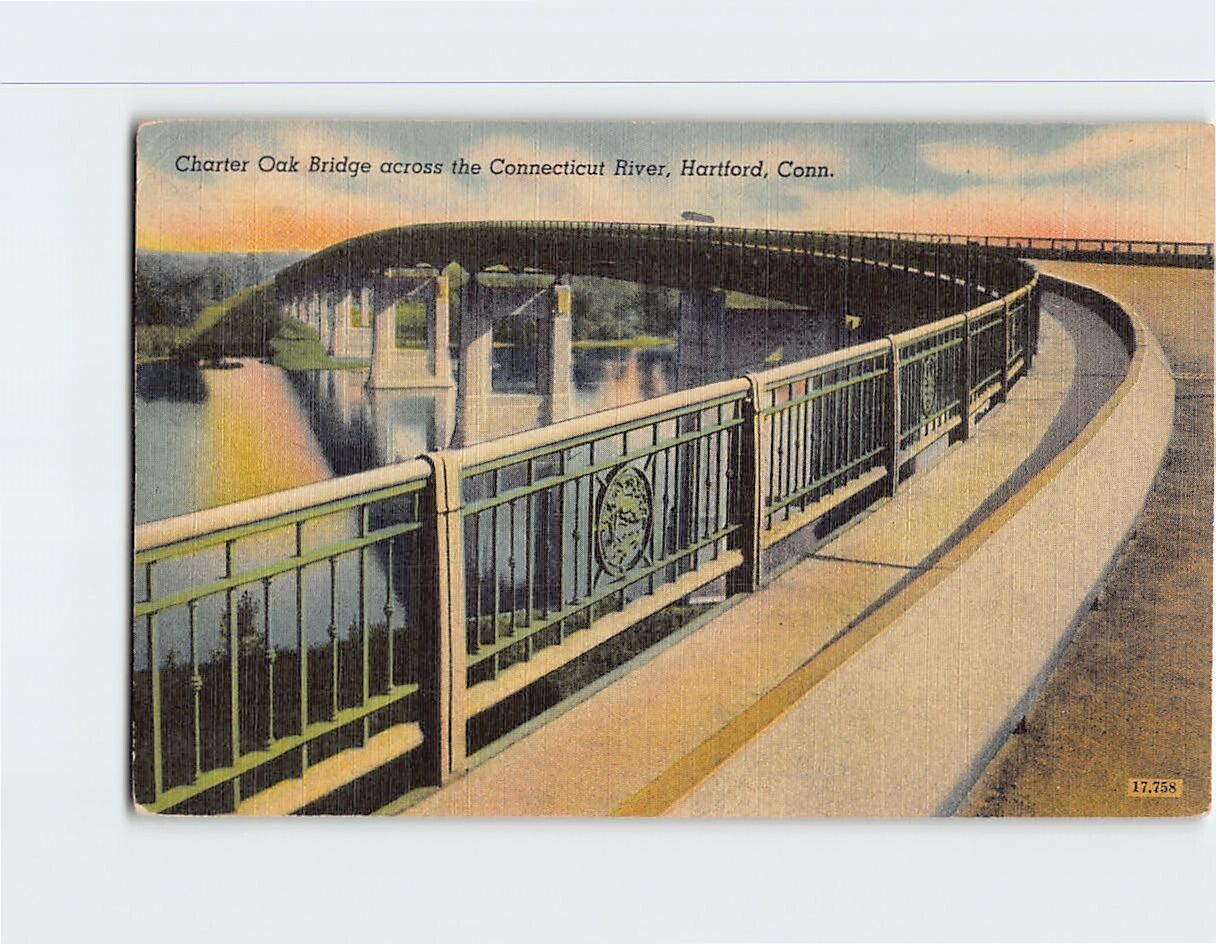 Postcard Charter Oak Bridge Connecticut River Hartford Connecticut USA
