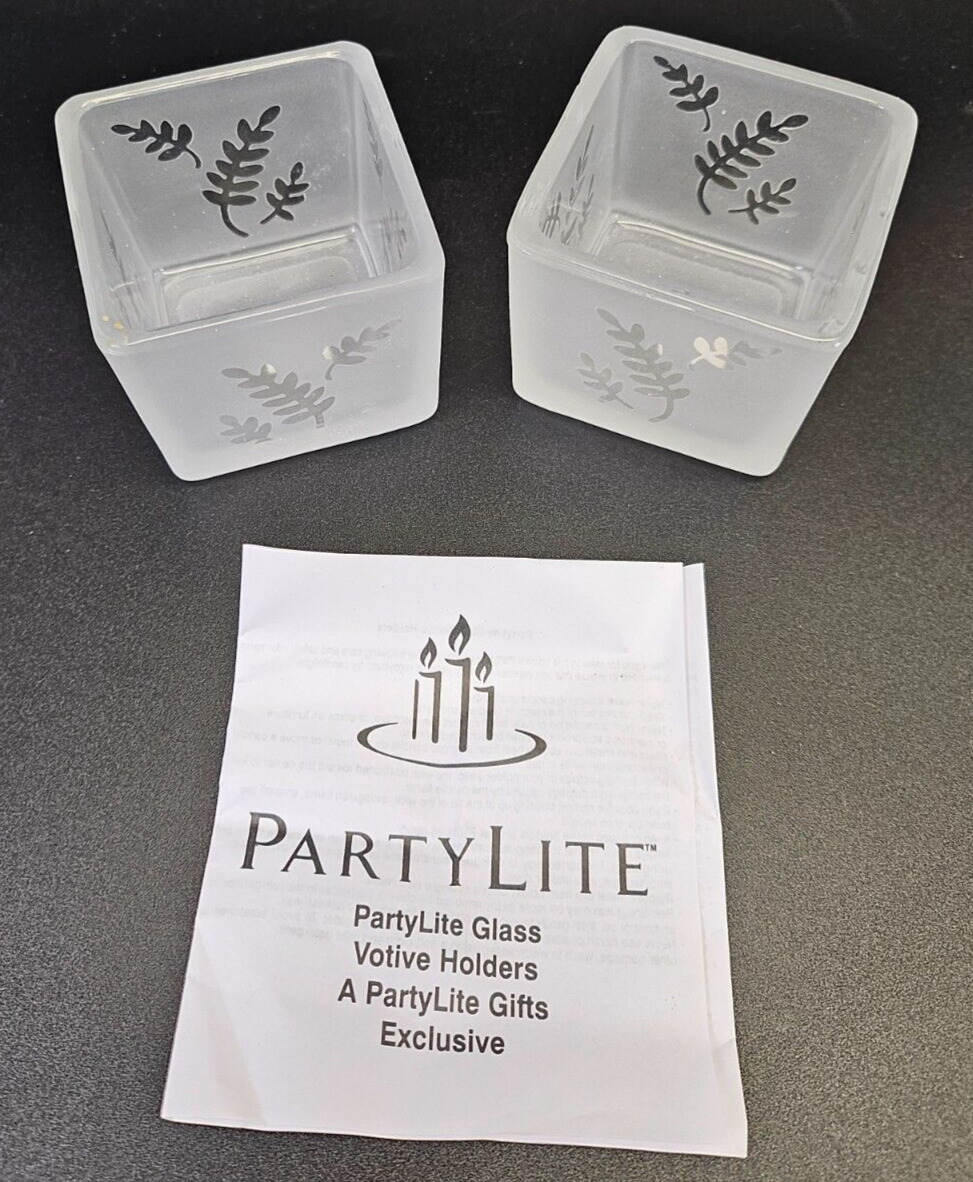 PartyLite P7235 Square Pair Frosted Glass Votive Candle Holders with Leaves