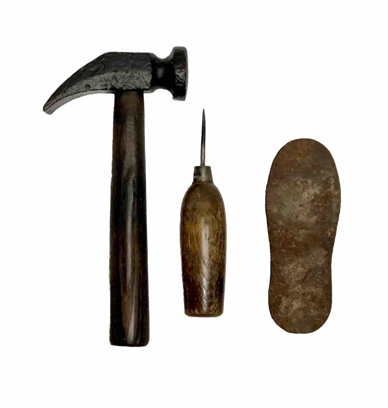 Antique COBBLER'S Tool Lot LEATHER HAMMER Wooden Handle Awl Child Iron Shoe Form