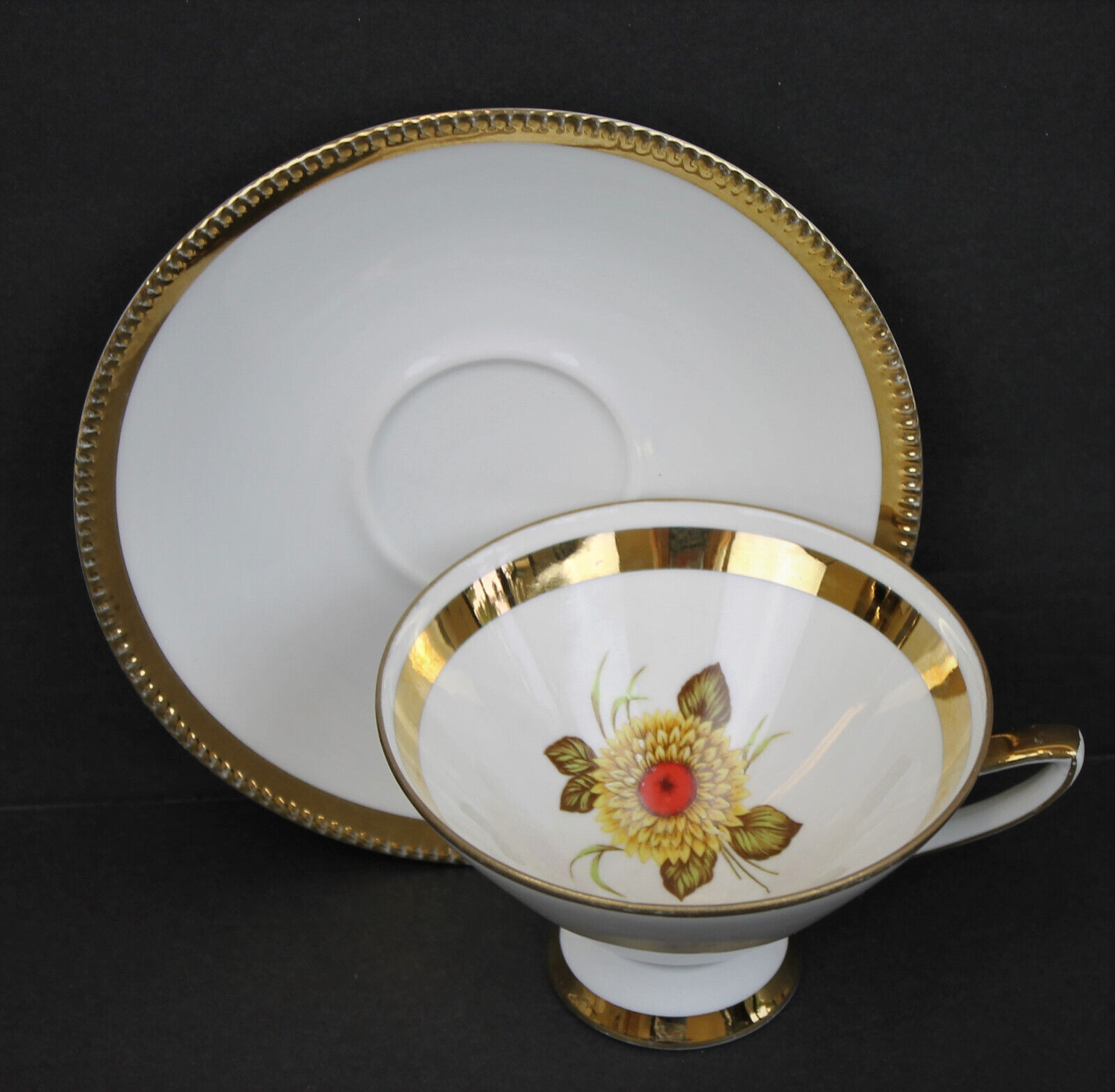 Vintage Teacup & Saucer Winterling Roslau Bavaria Footed Gold Rim Yellow Flower