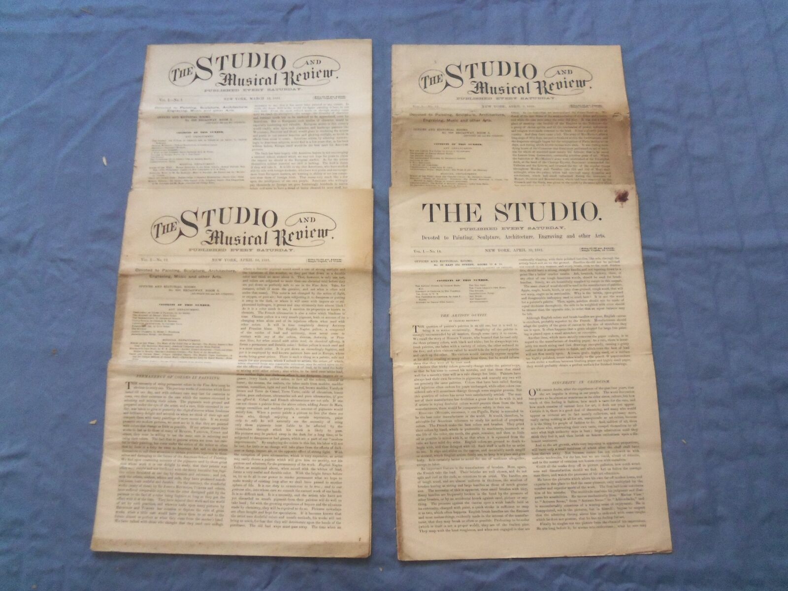 1881 THE STUDIO AND MUSICAL REVIEW NEWSPAPER - LOT OF 4 - NP 8416