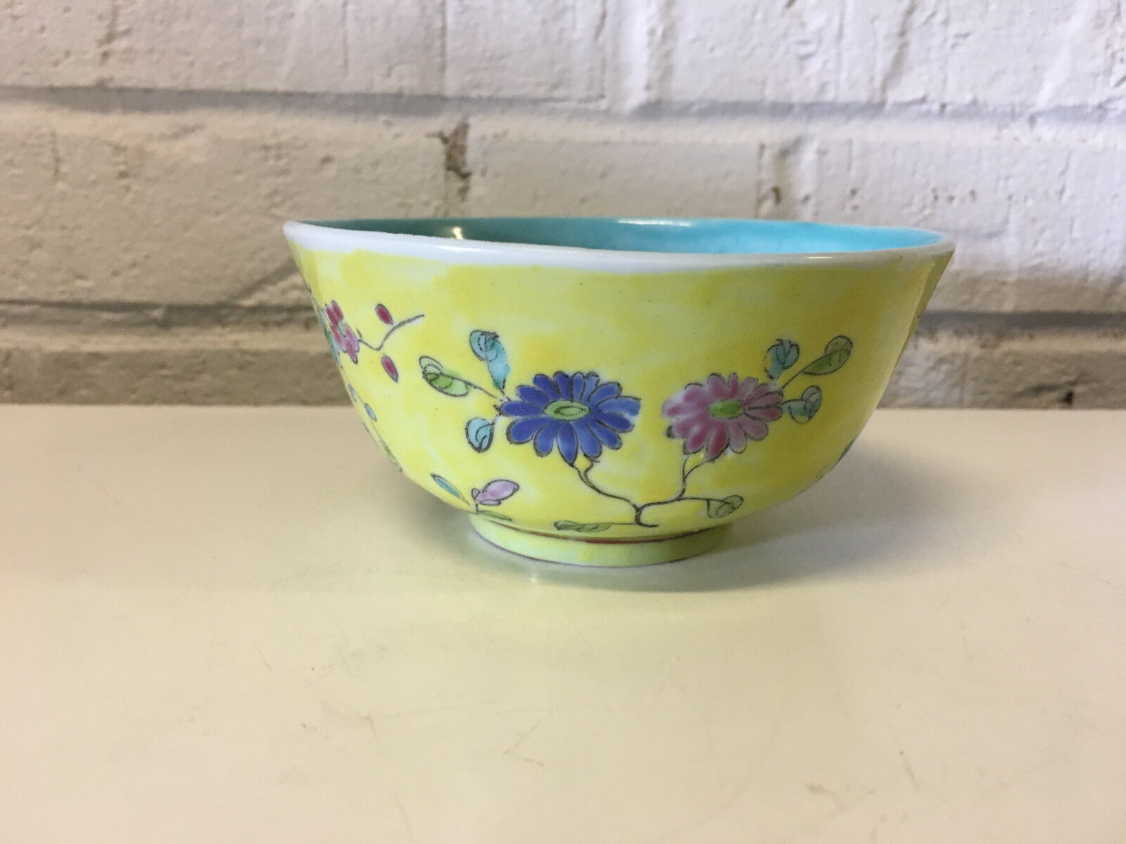 Vintage Antique Chinese Porcelain Yellow Glazed Bowl w/ Flowers Decoration