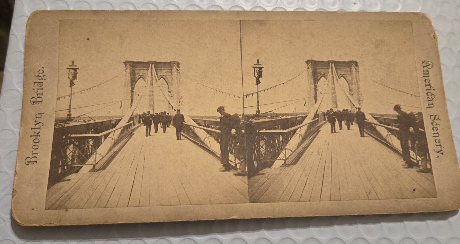 Antique People On Brooklyn Bridge Man on Lamp NY Stereoview American Scenery 