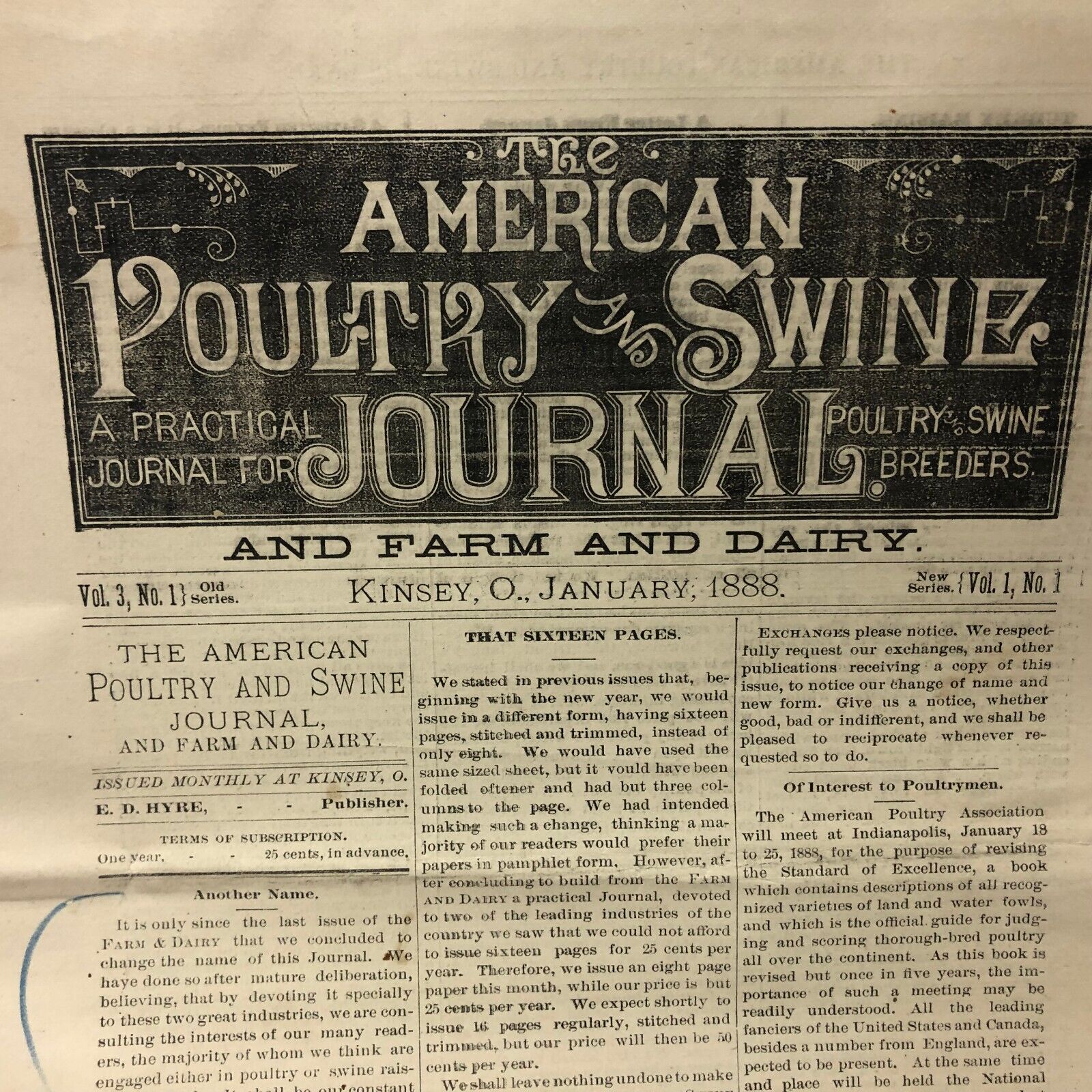 Vintage Paper The American Poultry and Swine Journal Kinsey Ohio January 1888