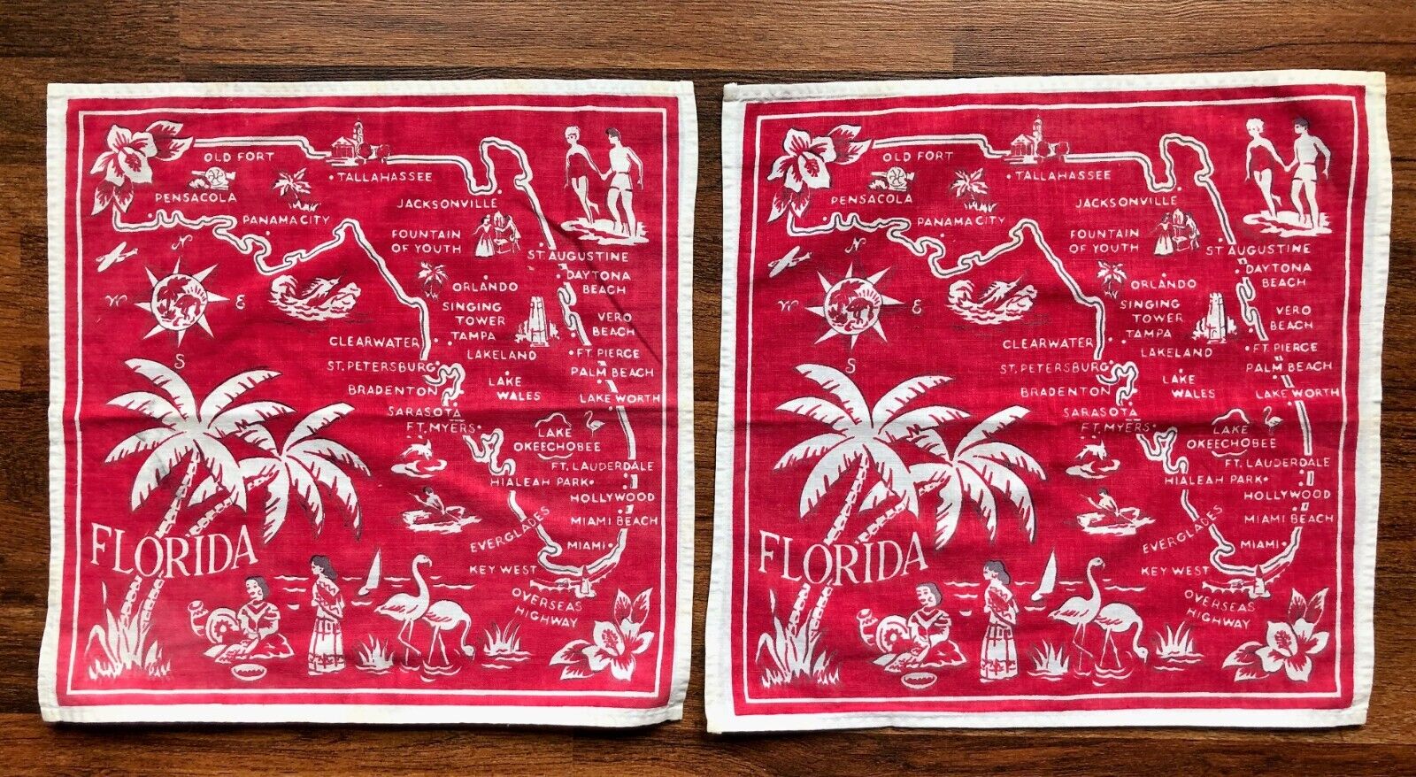 2 Vintage Mid-Century Florida Map Linen/Cotton Napkins