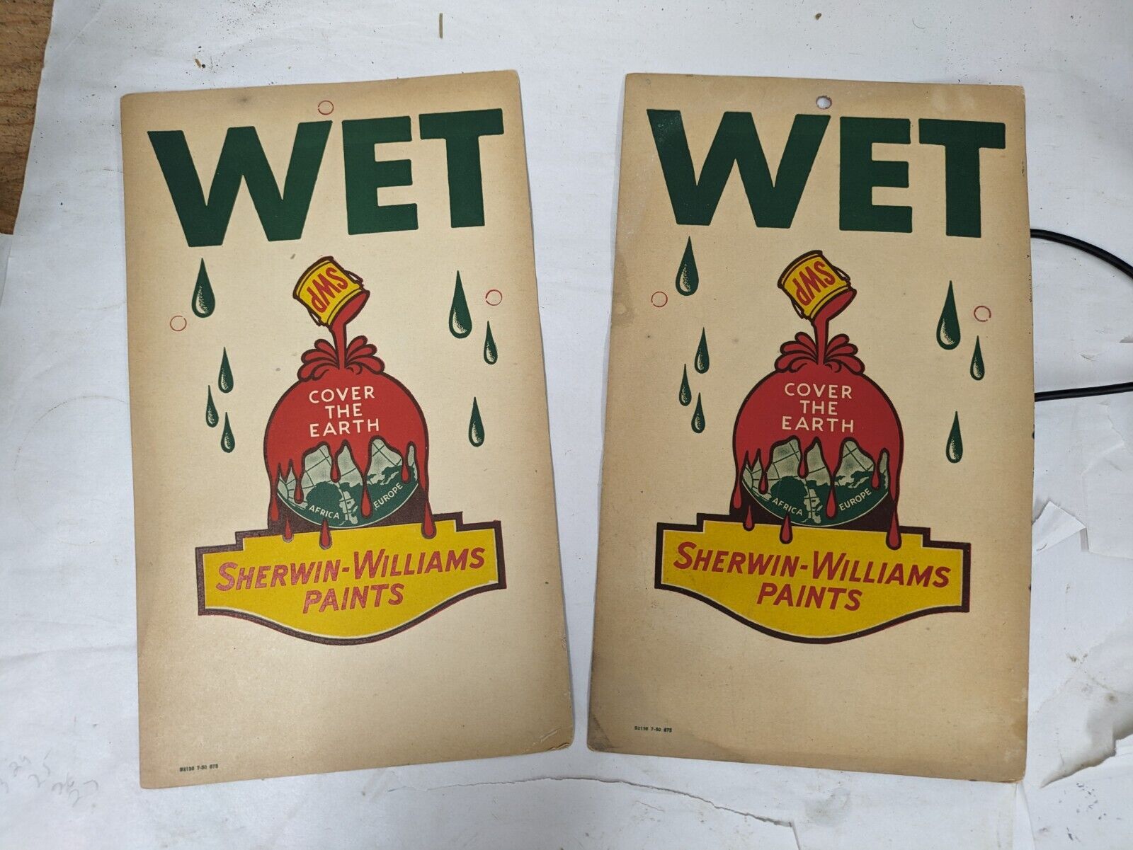 2 Vintage Sherwin Williams Paints Wet Signs 1950's S2136 7-50 675 NOS Sign