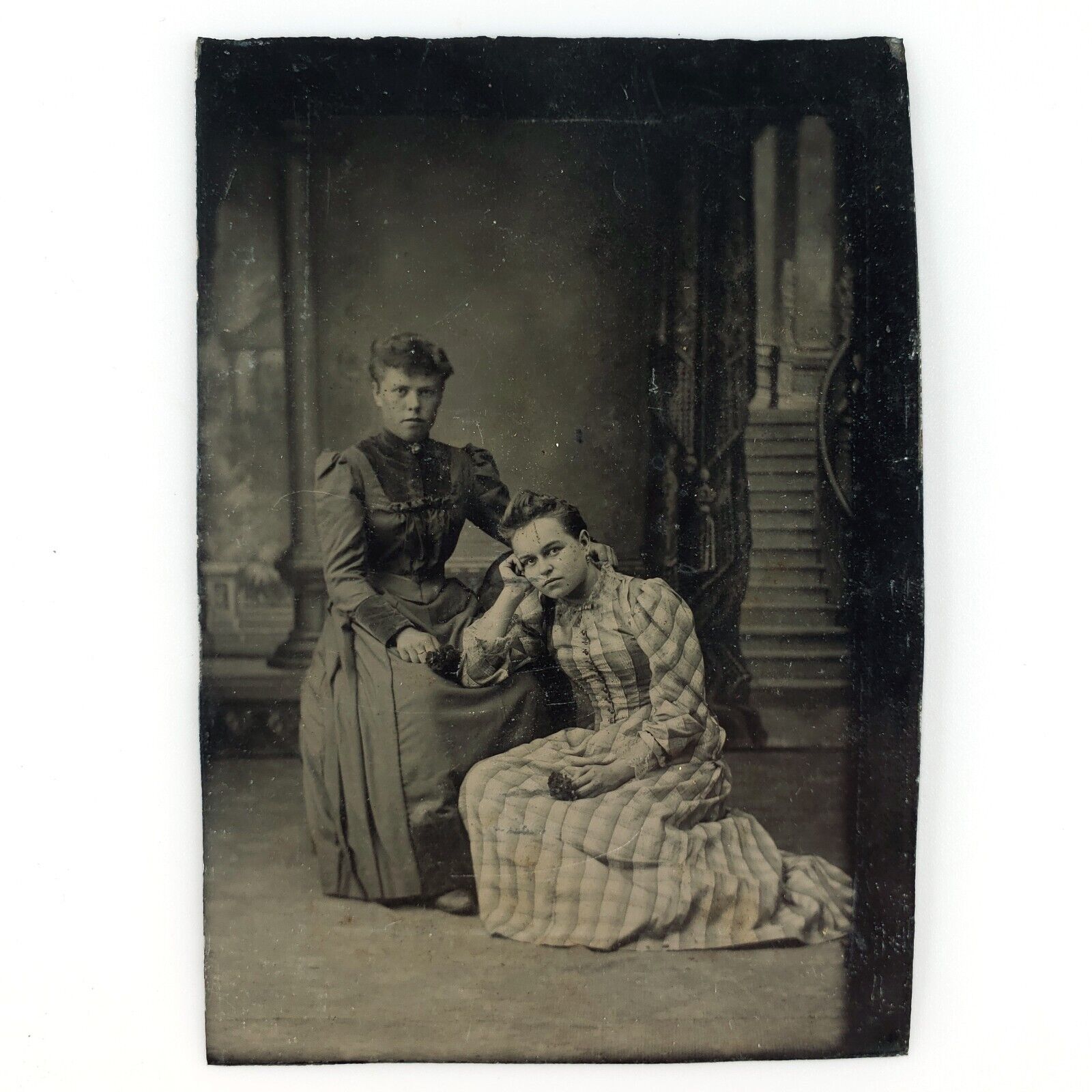 Affectionate Girls Holding Flowers Tintype c1870 Antique 1/6 Plate Photo A3376