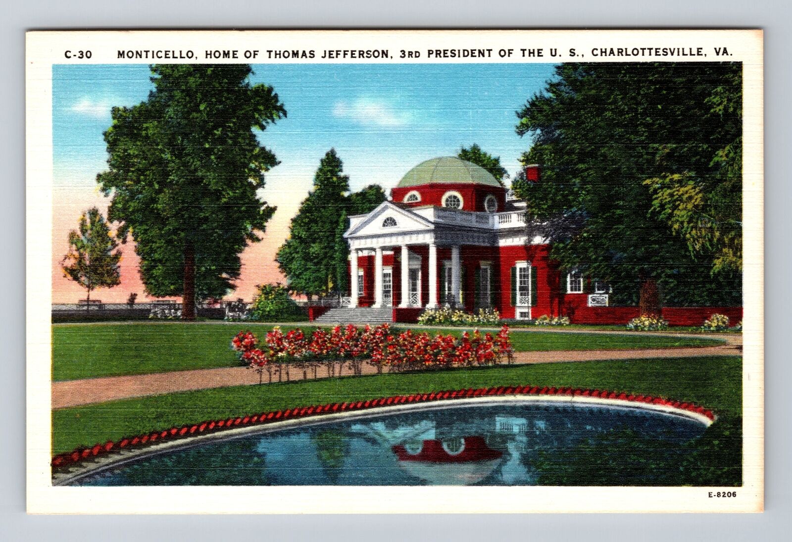 Charlottesville VA-Virginia, Monticello, Thomas Jefferson Home Vintage Postcard