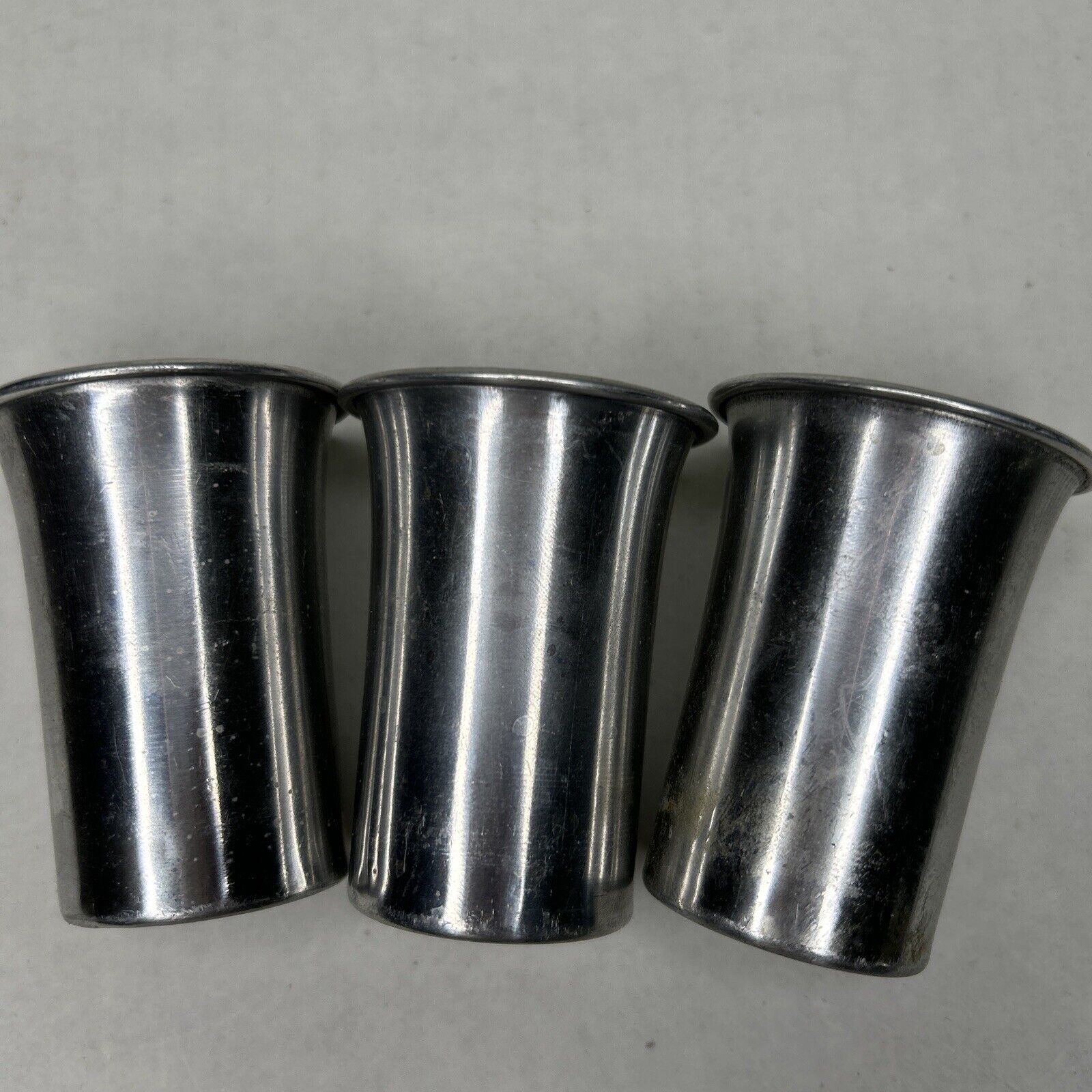 VINTAGE Shot Glass Tin METAL NESTING 3 CUPS FLAWED-heavy damage and wear