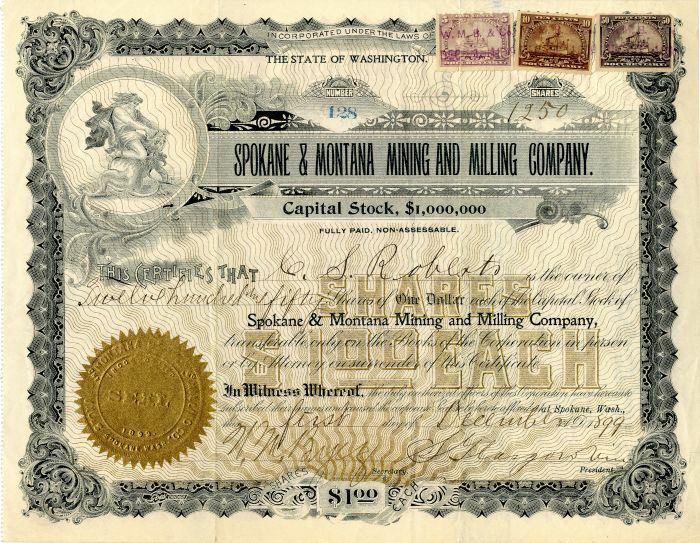 Spokane and Montana Mining and Milling Co. - Stock Certificate - Mining Stocks