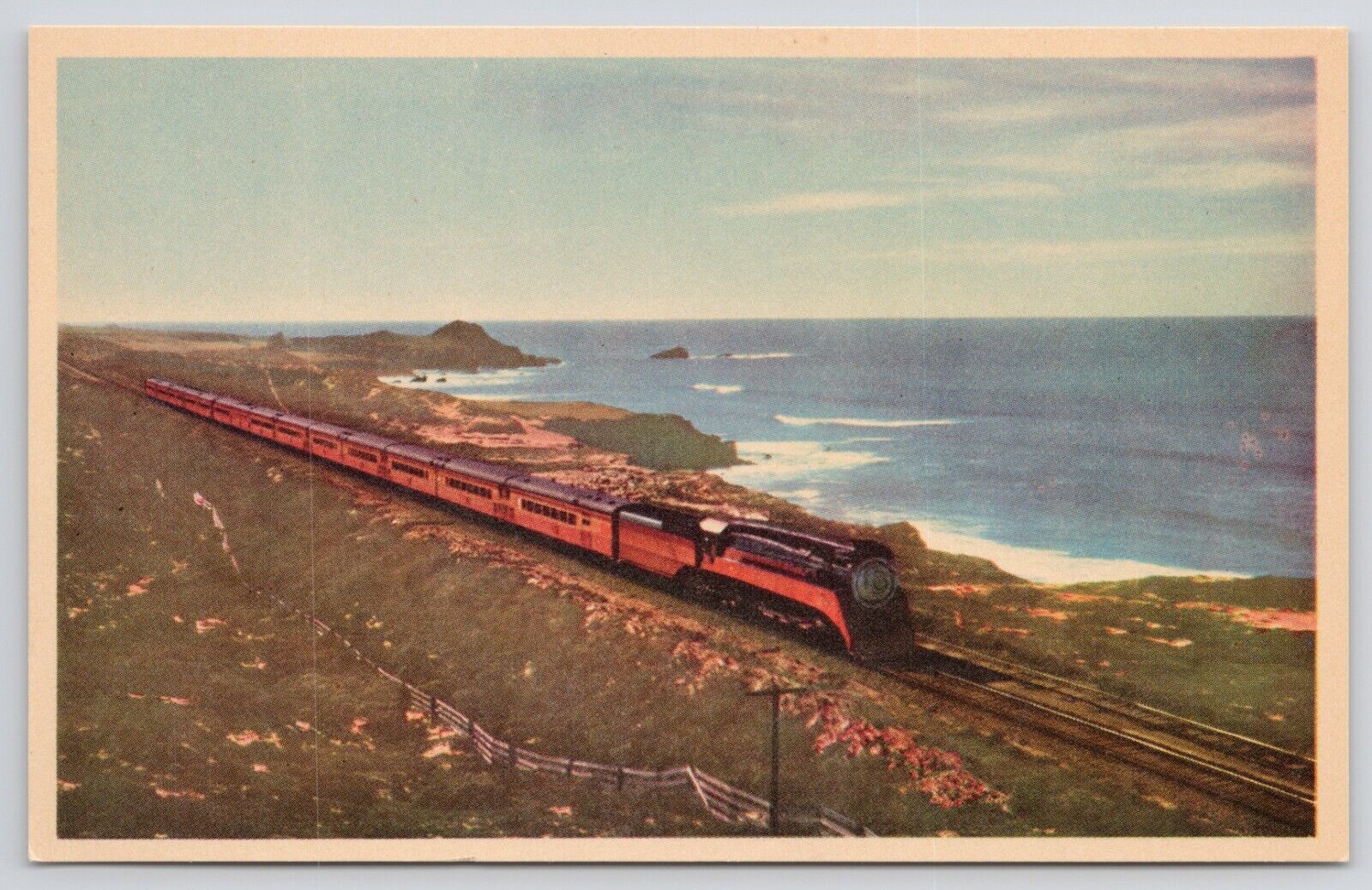 Southern Pacific Train Railroad Shore of Pacific Ocean White Border Postcard