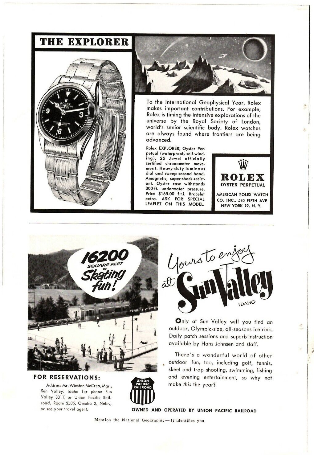 1958 Print Ad Rolex Oyster Perpetual Watch The Explorer Waterproof/Sun Valley