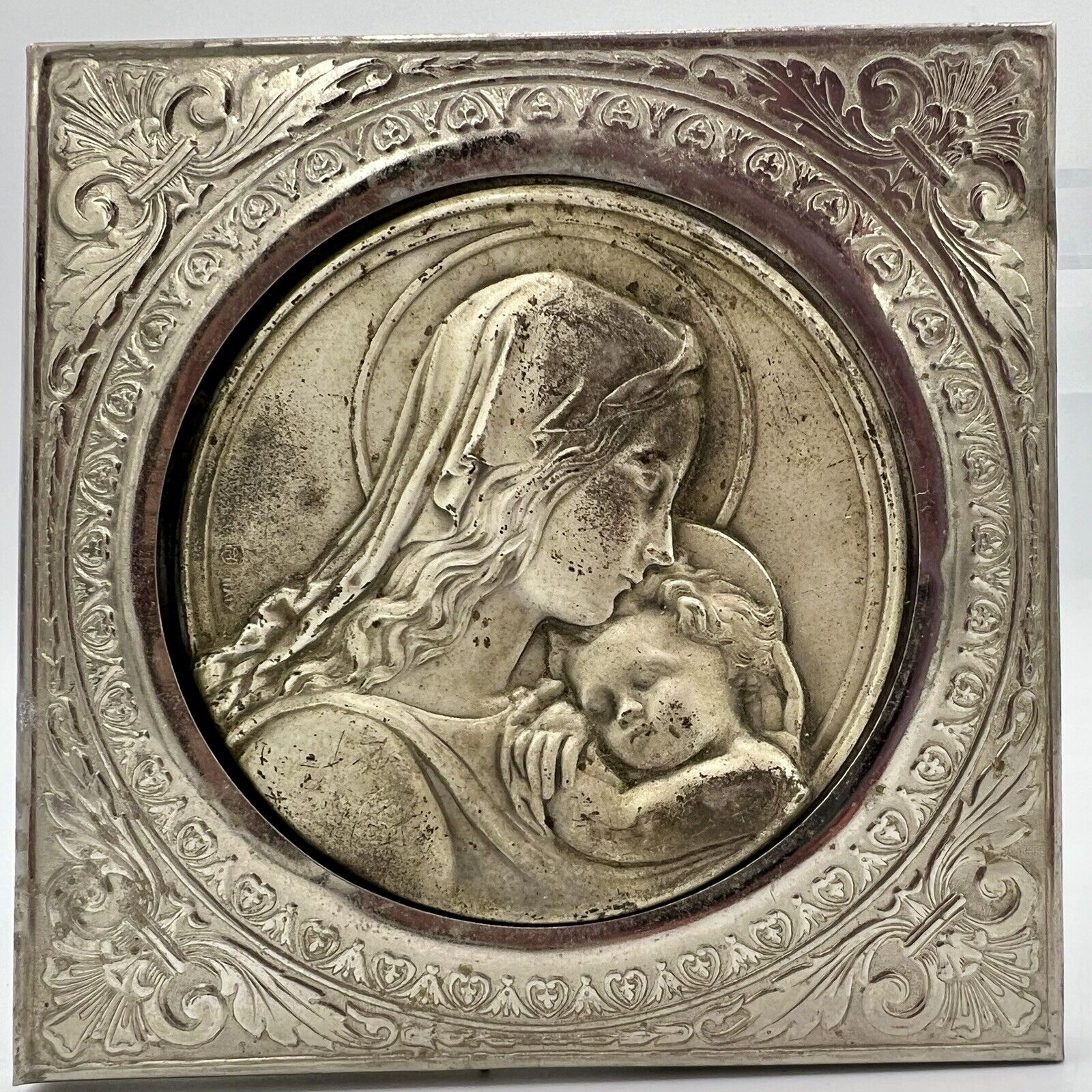 Antique Virgin Mother & Child Metal Religious Plaque Made Italy Frame 3.5 x 3.5
