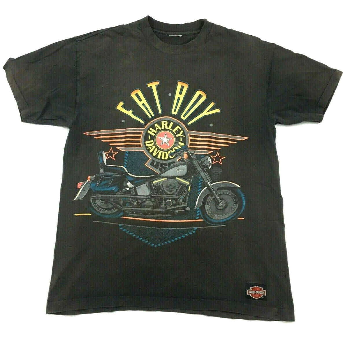 Vtg Harley Davidson Fat Boy T-Shirt Motorcycles Hog 3D Biker Distressed Logo Tee