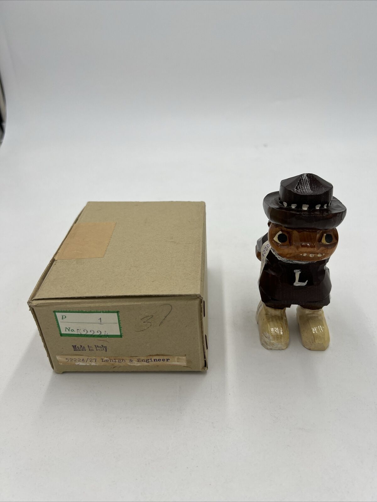 Vintage, Anri 1950's Wooden Lehigh Engineer W Box Mascot Statute Rare 5”