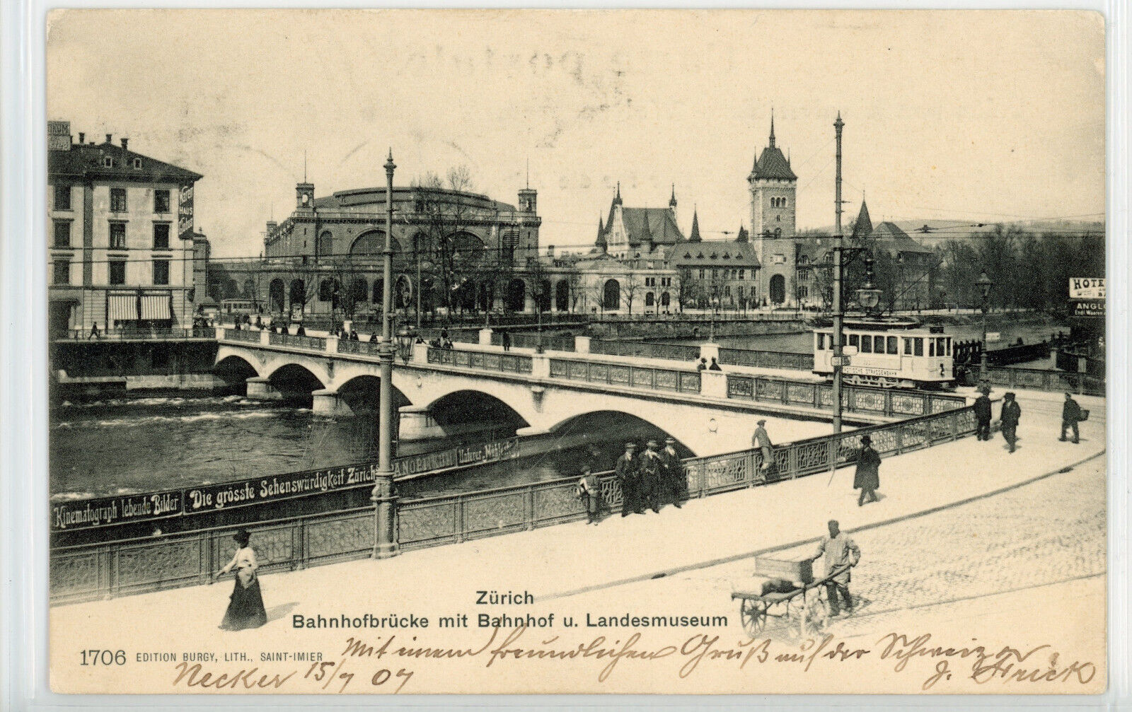 Train Station, Bridge, Swiss National Museum, Zurich, Switzerland 1907 postcard