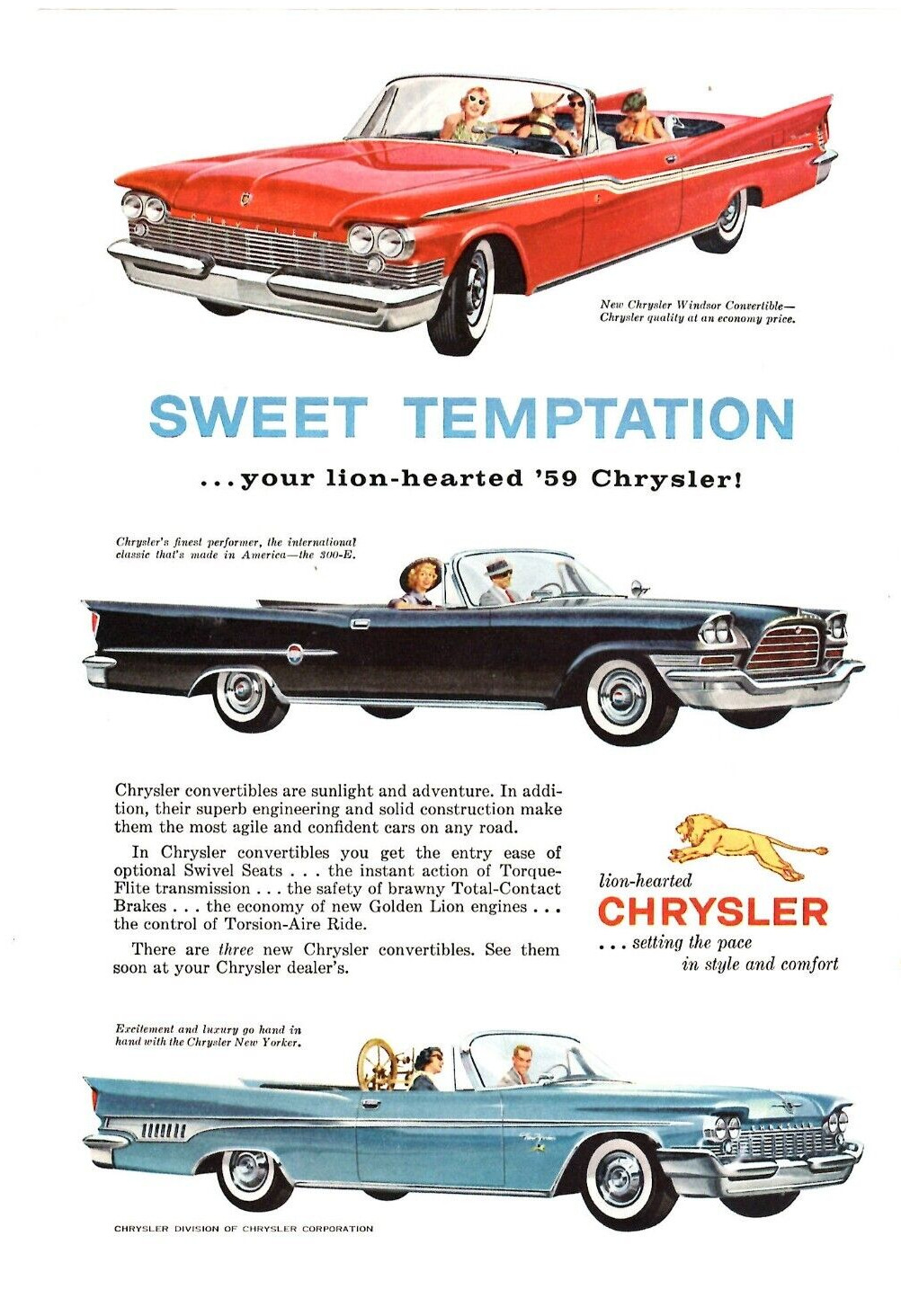 1959 Print Ad '59 Chrysler Windsor Convertible 300-E New Yorker Lion-Hearted