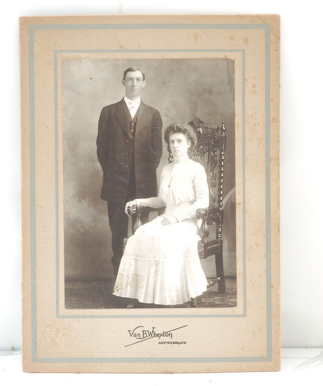 Antique Couples studio photo sepia, Cabinet Card NY 8x6 circa 1900s Amsterdam NY