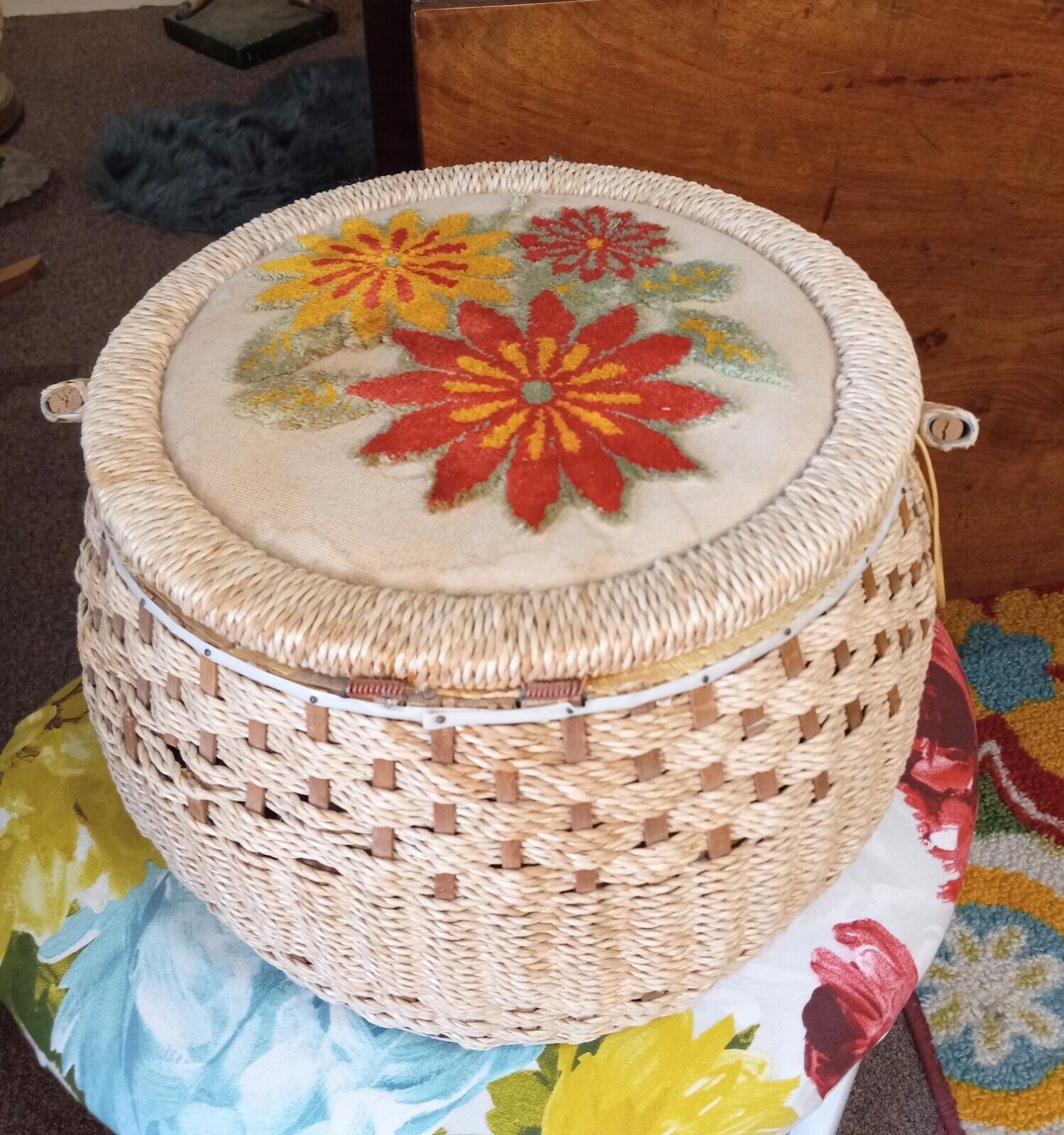 Vintage JC Penney Wicker Large Round Floral Embellished Portable Sewing Basket