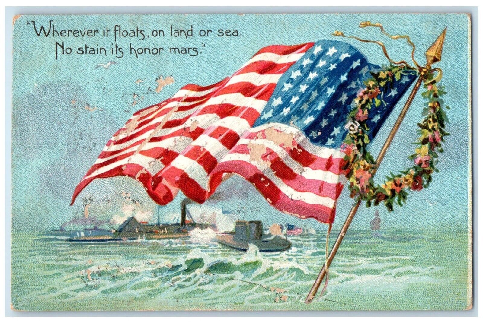 c1910's Fourth Of July American Flag Patriotic Submarine Ship Tuck's Postcard