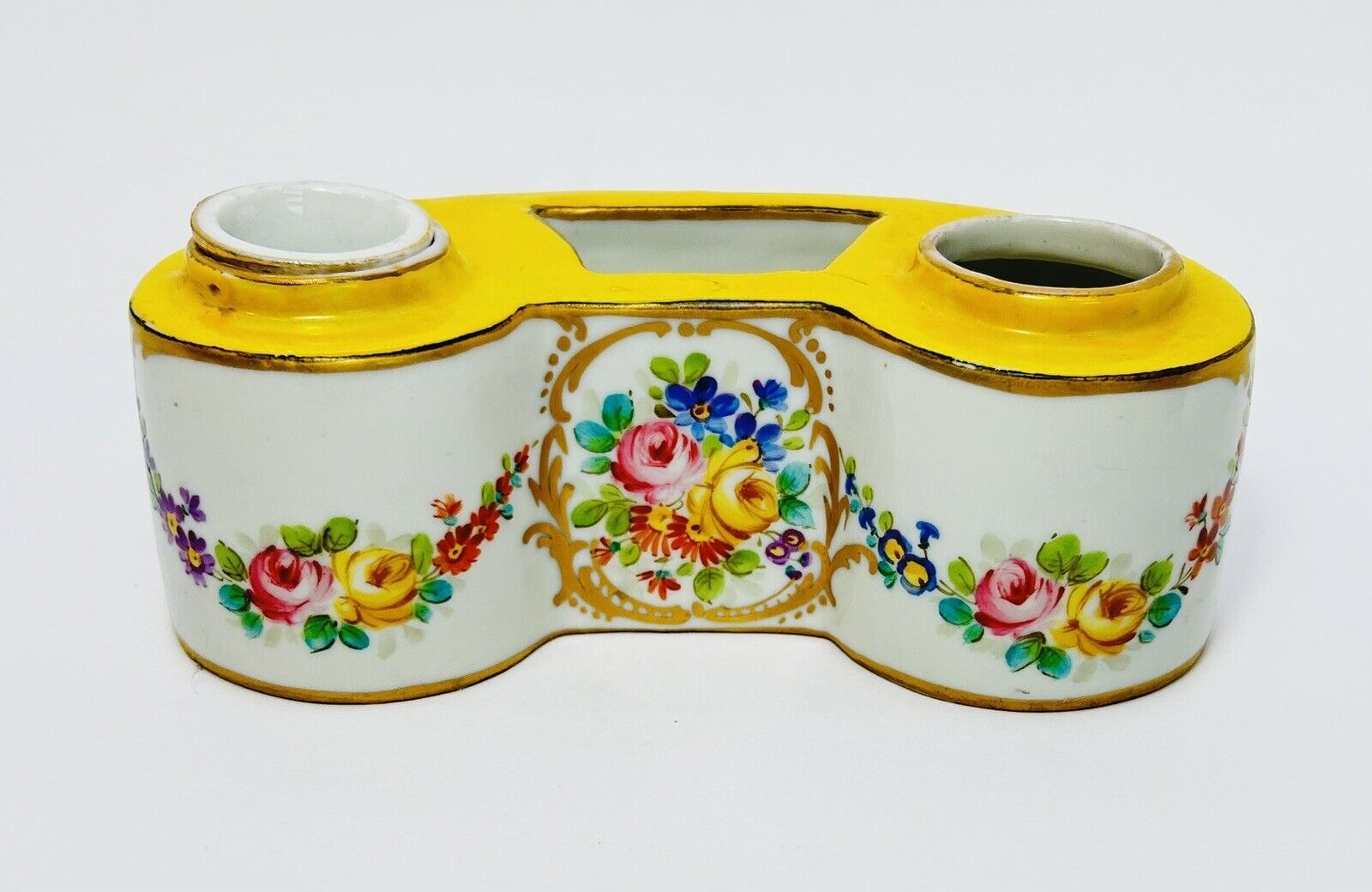 Antique Vtg Porcelain France Double Inkwell Floral Binocular Shape Yellow Marked
