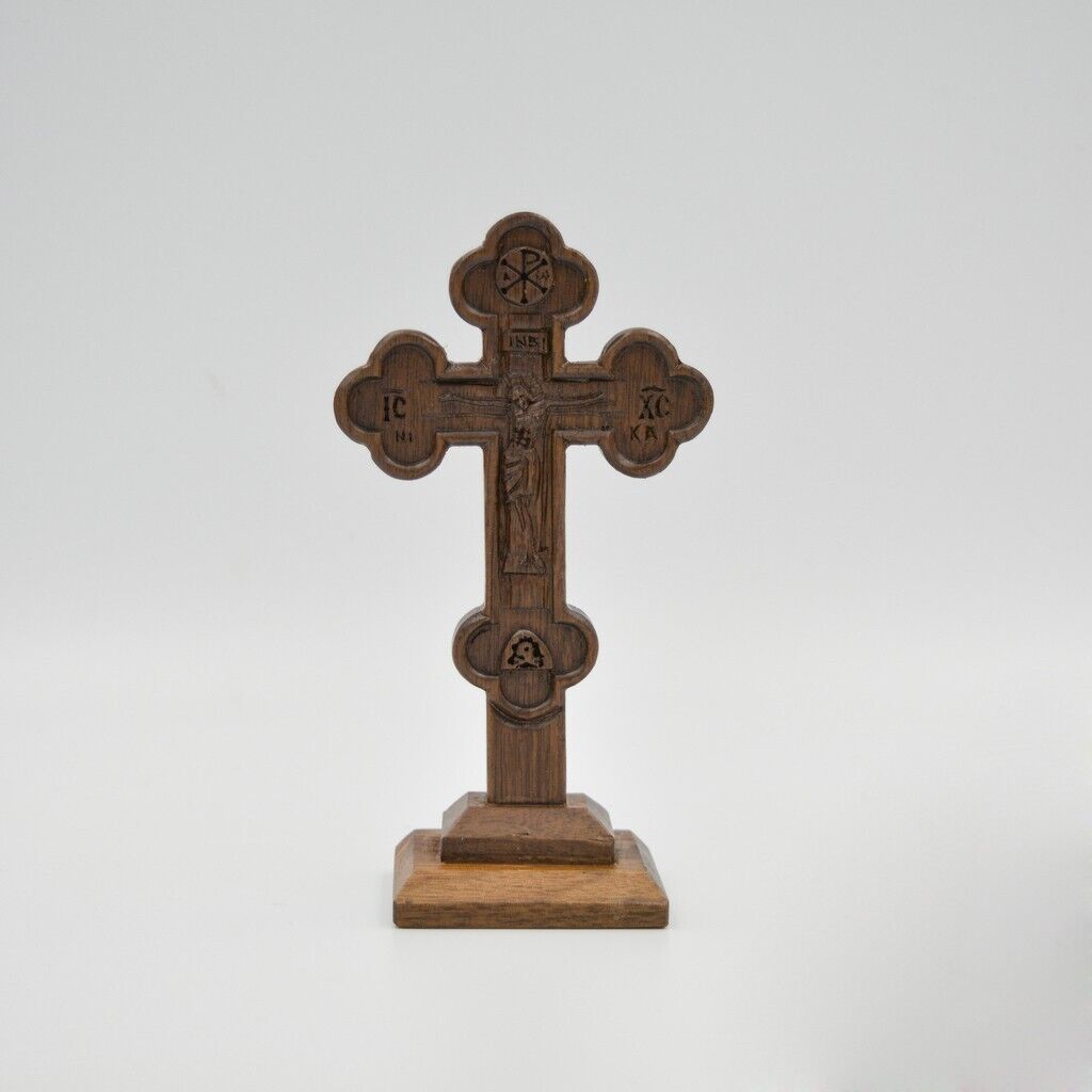 Christian Traditional Engraved Iconostasis wooden Cross with base, Christogram
