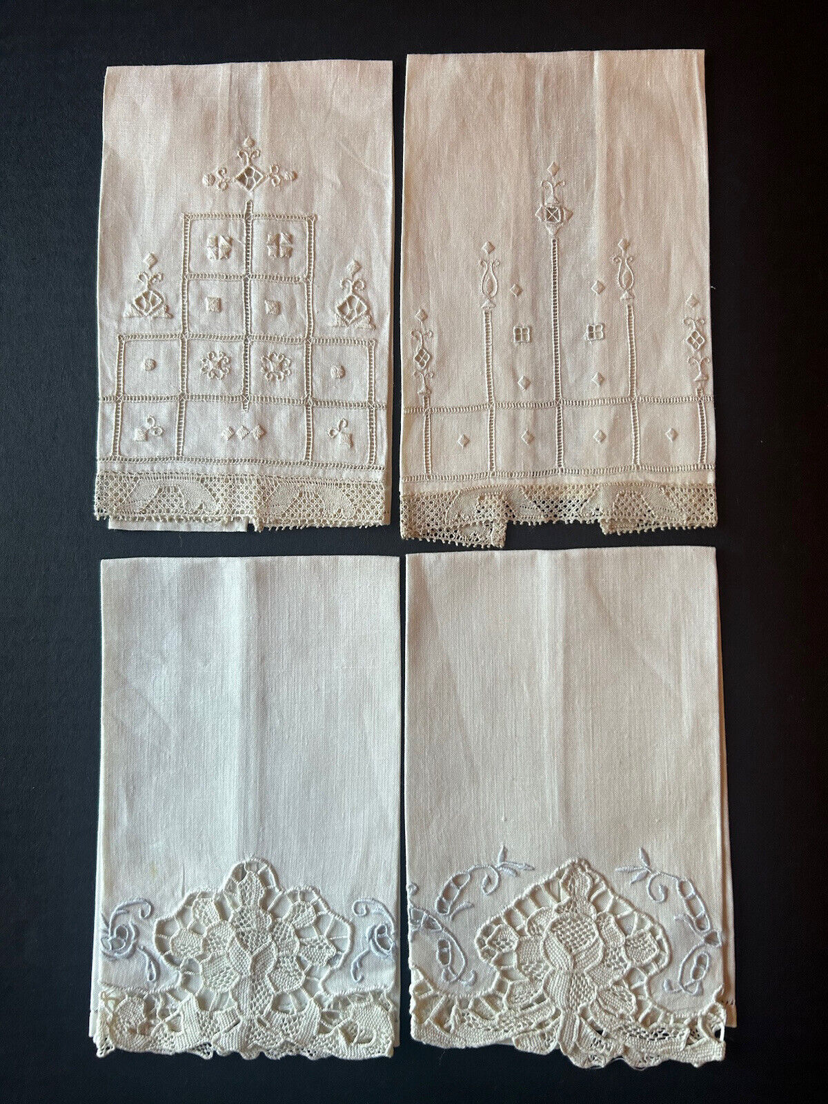 4 Antique White Linen FINGERTIP TOWELS Embroidered, Open Weave, Cut-Work, Lace