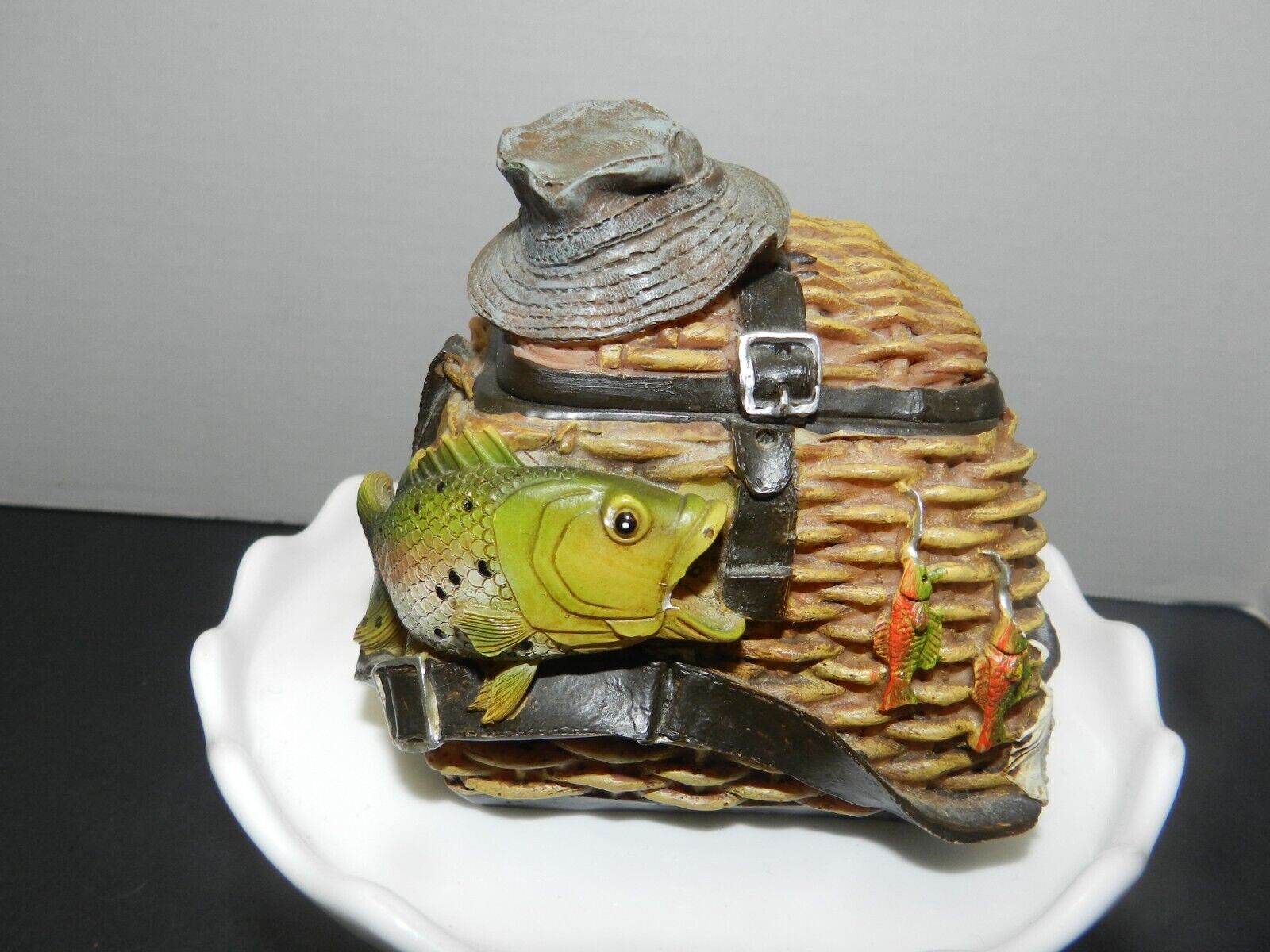 Ceramic Fishing Basket Hinged Trinket Box with Hat Bass Lures Father\'s Day Gift