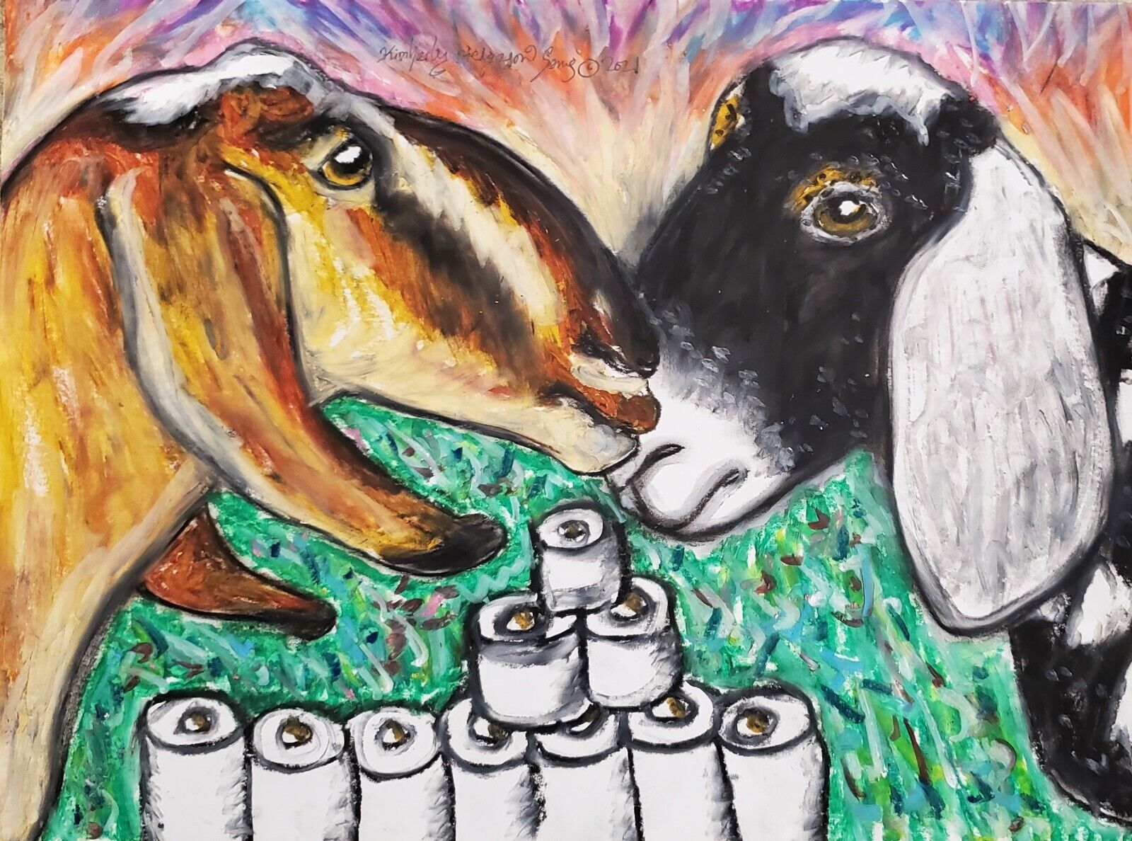 Nubian Goat 5 x 7 Art Print Signed Artist KSams Hoarding Toilet Paper Farm