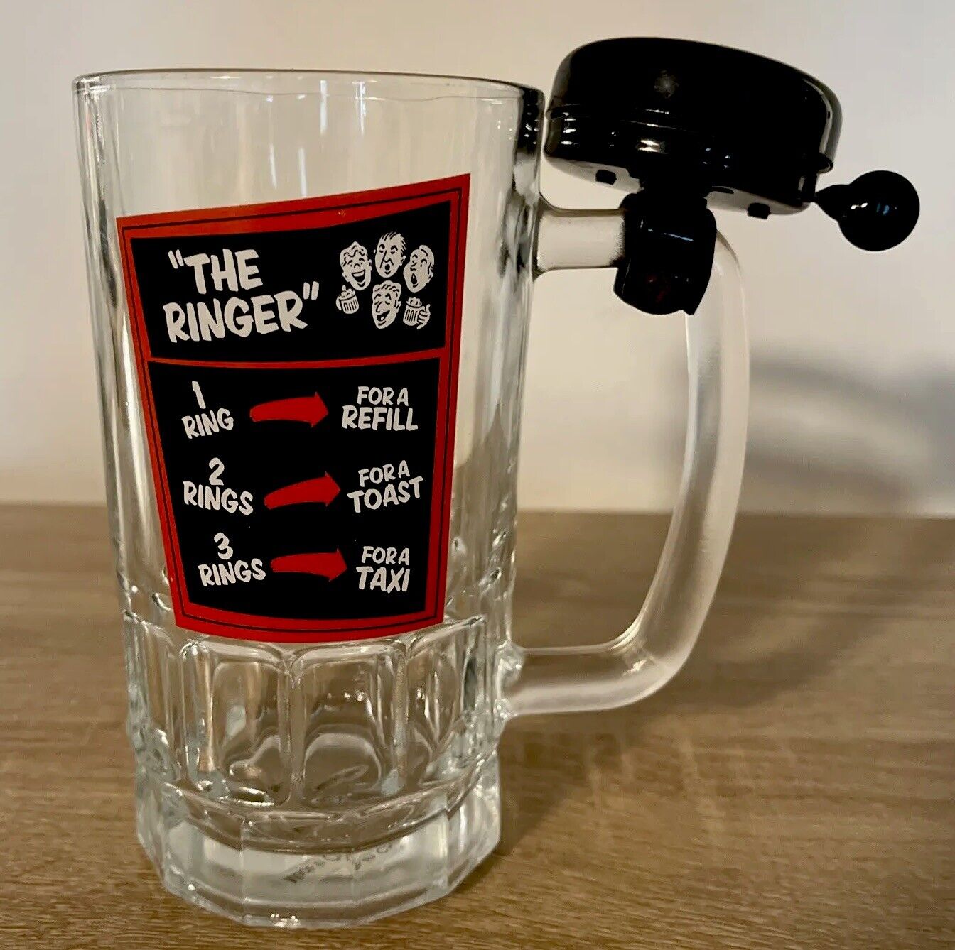 Vintage The Ringer Beer Glass Mug With Bicycle Bell It Works 1 Ring For Refill