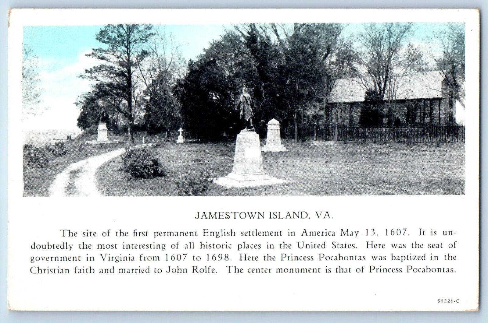 Jamestown Island Virginia VA Postcard First Permanent English Settlement 1920