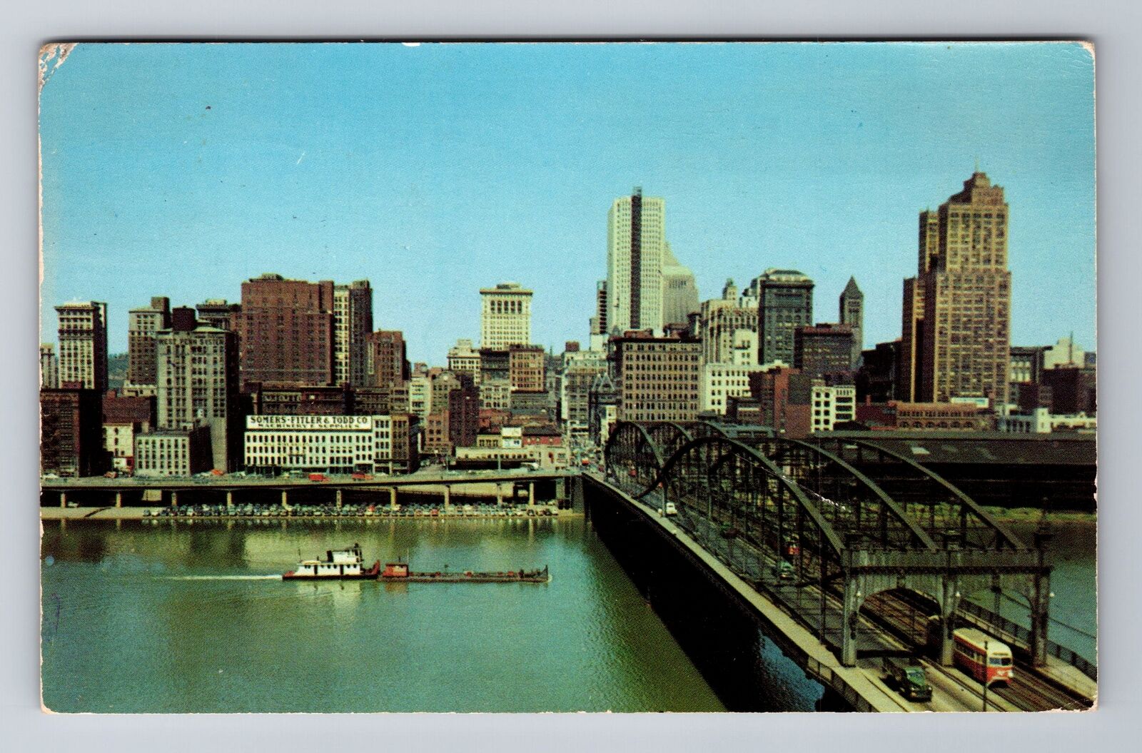 Pittsburgh PA-Pennsylvania, Smithfield Street Bridge, Vintage c1952 Postcard