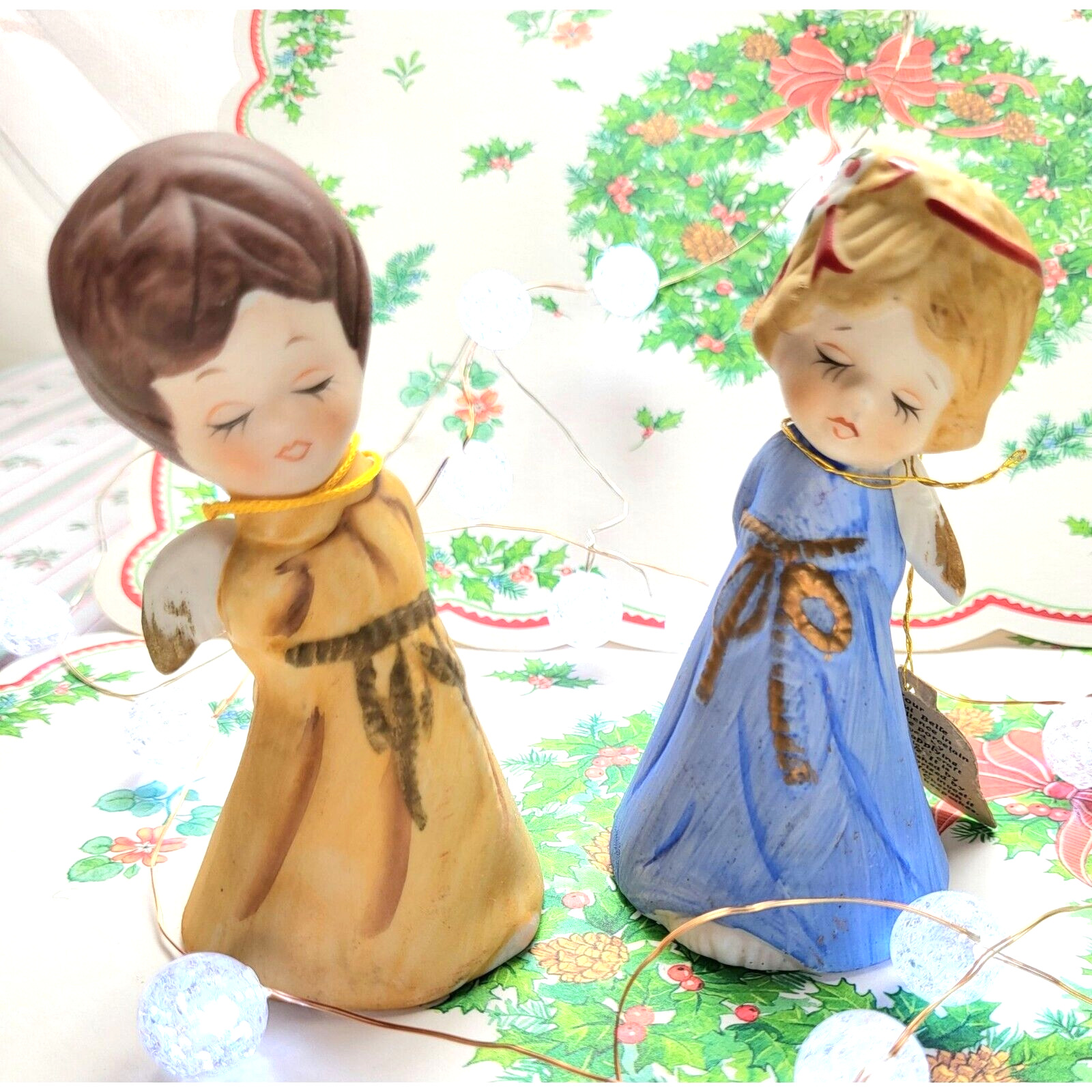 Vintage Christmas Angel Belles Porcelain Jasco Blue Gold Holiday Decor