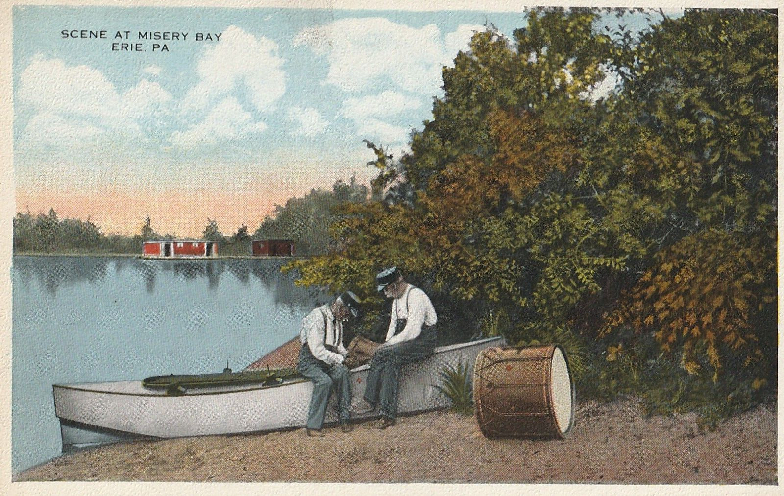 Postcard PA Erie Scene at Misery Bay Men Drums Boat c1920s