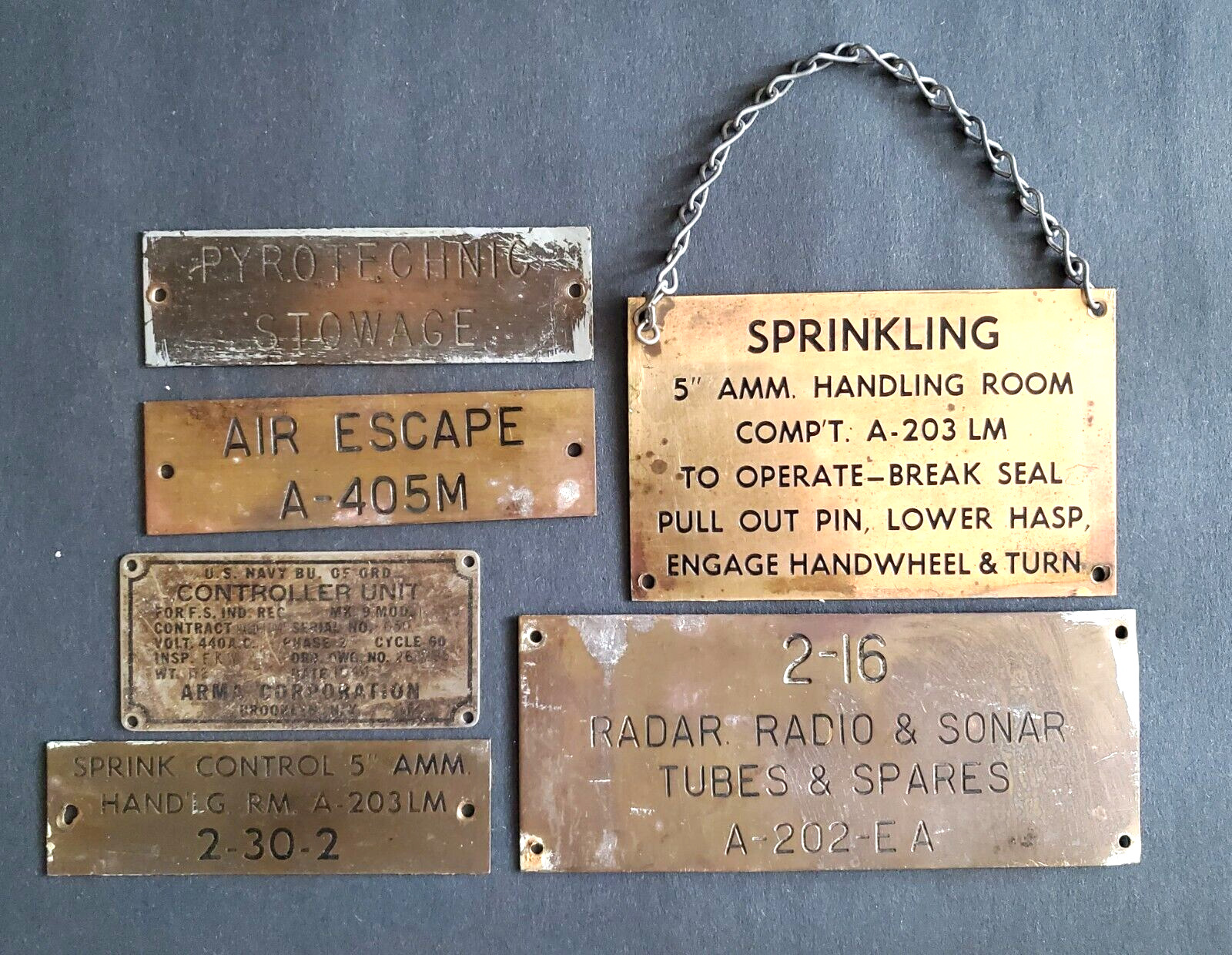 Vintage Lot Of 6 USN Navy Metallic & Brass Tags Nameplates Signage