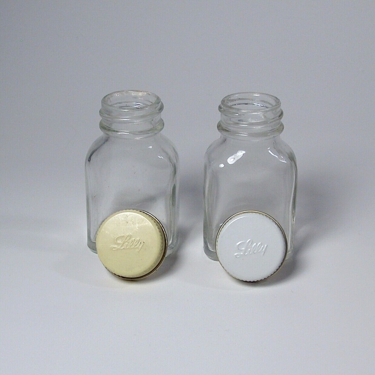 Vintage Medicine Bottles Eli Lilly Aspirin Small Mini Clear Colored Lids 2.5 In
