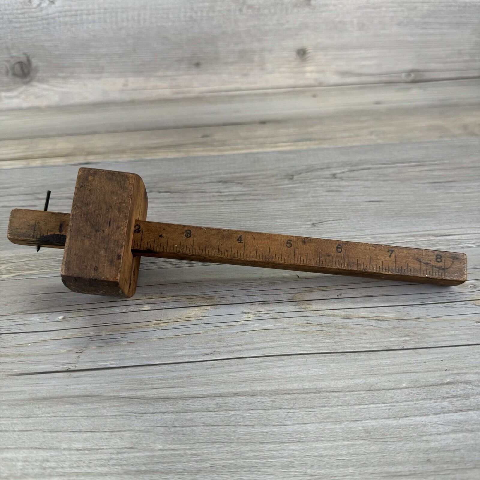 Antique Wood Inlaid Brass 8” Scribe Marking Gauge Good User Condition
