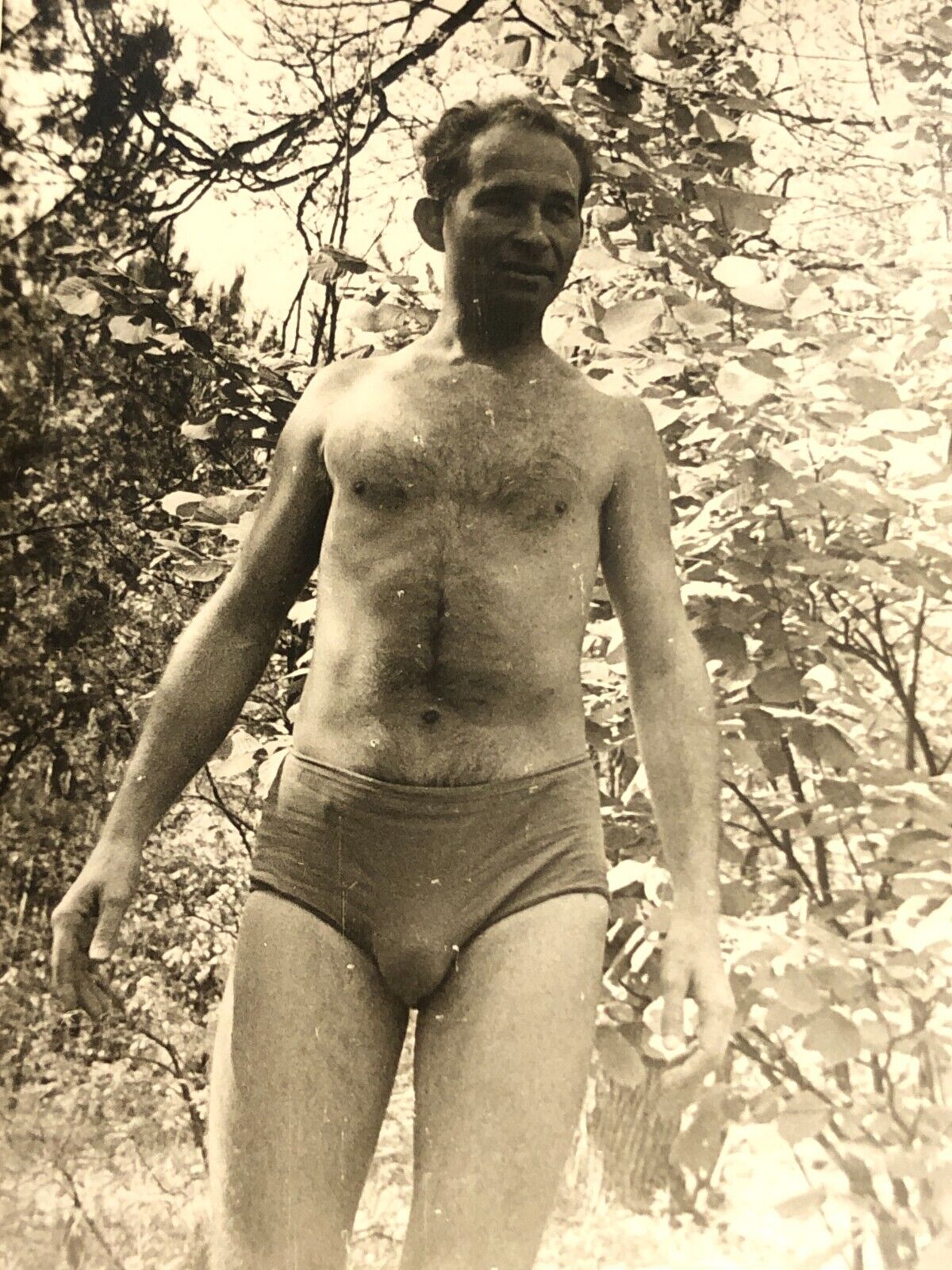 1960s Shirtless Slim Guy Trunks Bulge Hairy chest Gay int Vintage Photo