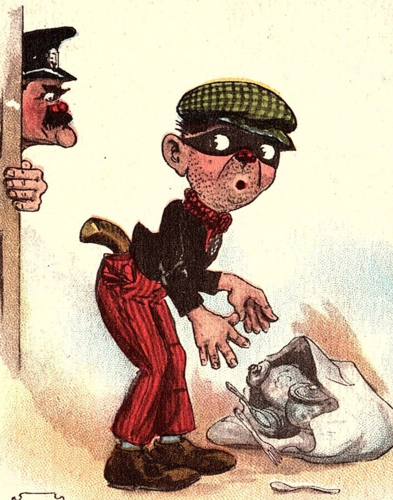 c1910 BURGLER THIEF CAUGHT IN ACT BY POLICE COPS  COMEDIC POSTCARD 46-207