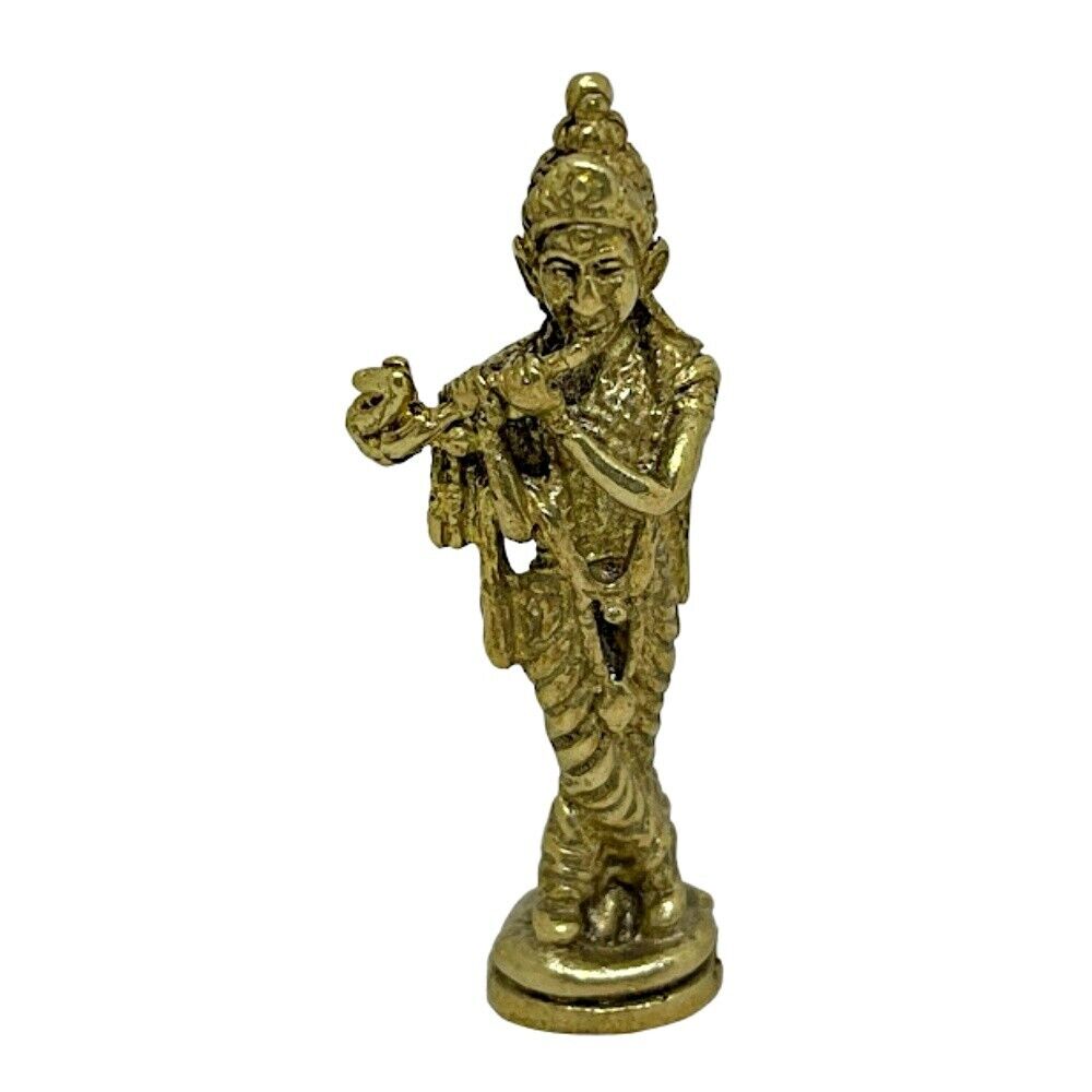 Lord Krishna Vishnu Avatar Playing Flute Hindu Amulet Mini Brass Idol Statue