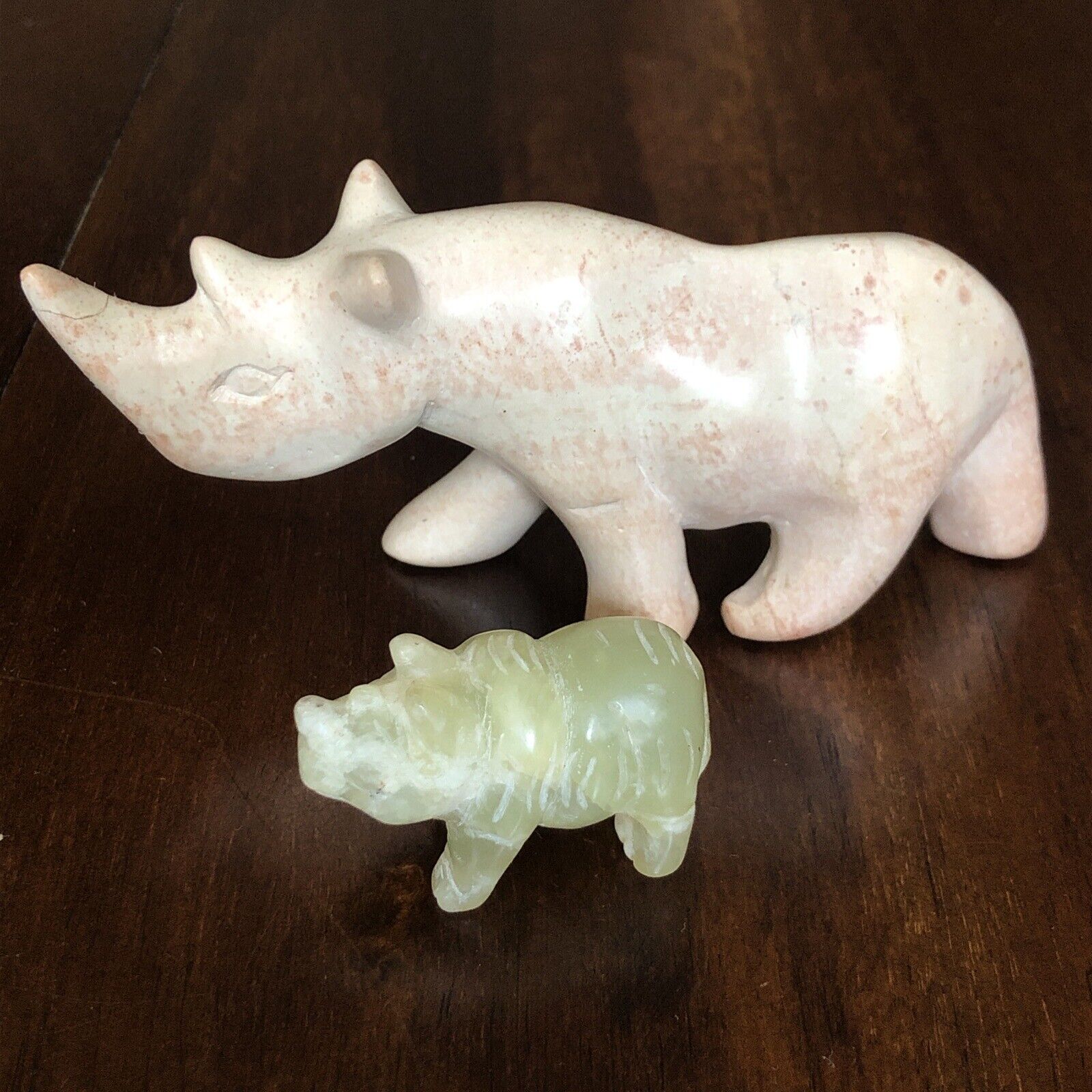 Stone Rhinoceros Folk Art Handmade Vintage Lot If Two Small Miniature Carved