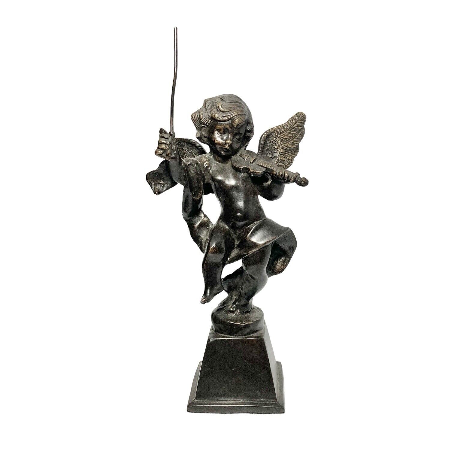 1970s Vintage Cast Bronze Cherub Putti Angel Statue Figurine Playing Violin 13”